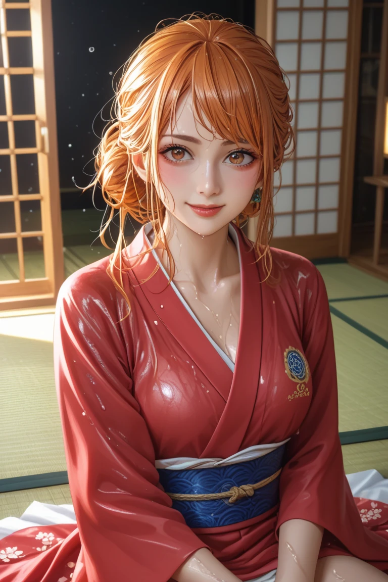 Nami Final, Nami from the anime One Piece, Orange Hair, bangs, Tie your hair up, beautiful, beautiful woman, Perfect body, Perfect breasts, wear Kimono, Wear earrings, wearing a watch, at the park, cherry blossoms, Traditional Japanese House, View your viewers, smile, realism, masterpiece, Textured Leather, Super Detail, Attention to detail, high quality, 最high quality, 1080p, 16k