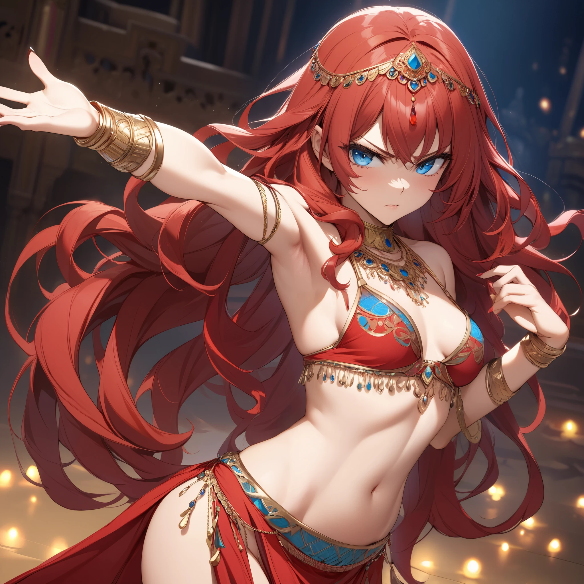 1 girl, kitsune bellydancer, long bright red hair, bright red fox ears, ((brown skinned)), sharp yellow eyes, red middle east dancer robes with gold trim, (red harem pants), soft full red lips, gold necklaces, wide hips, fluffy bright red fox tail, fantasy middle eastern tavern
