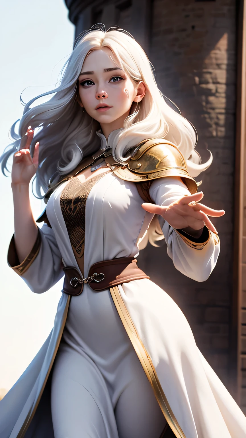 IYoung woman, campesina medieval "The Chronicles of Narnia", gray and brown shreds, blue eyes, long white hair, dynamic position, raised hands sign, safe expression, Iluminación natural, plain white background , white robe, Large tower shield, long majestic white hair, tall woman, Shy, bold, sunny day