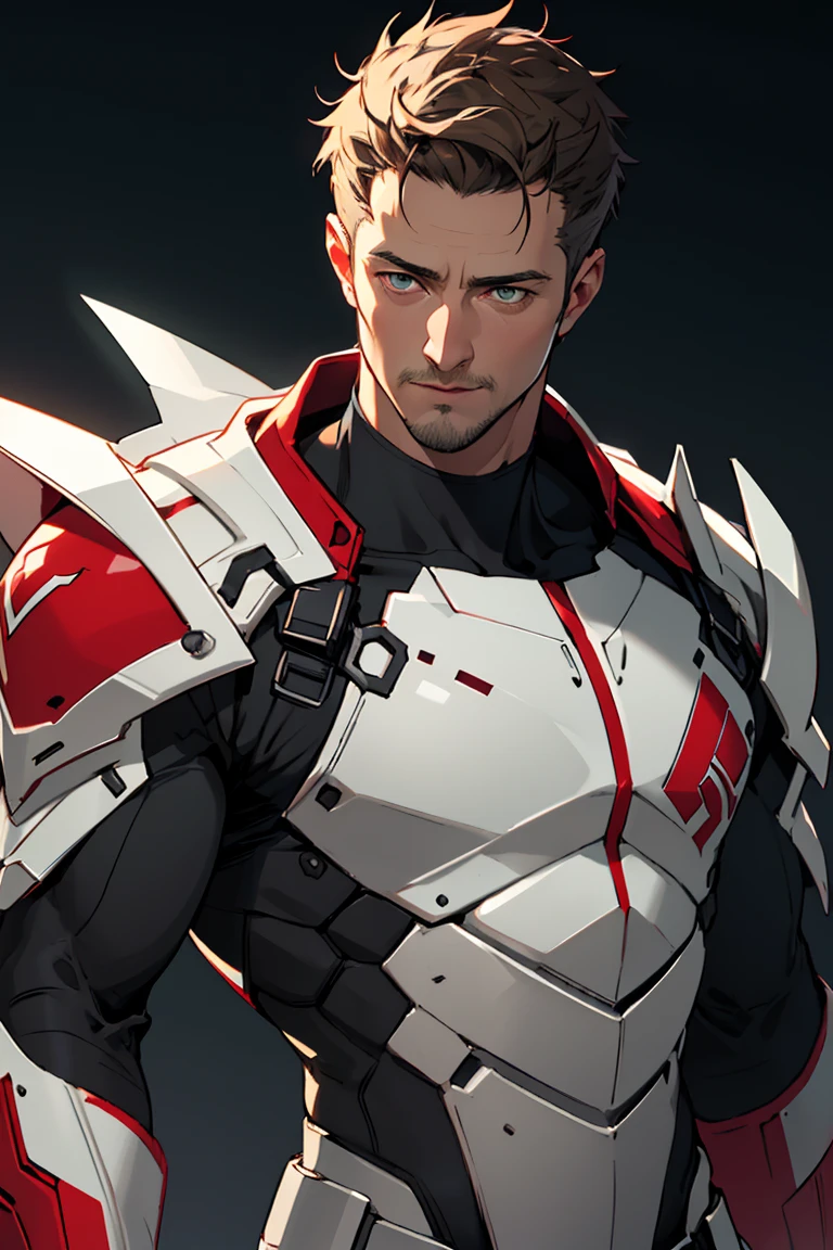 (Best quality), masterpiece, very courageous and courageous, extremely detailed, 2k wallpaper, amazing, finely detail, extremely detailed, 8k wallpaper, huge file size, ultra detailed, a high resolution, absurdity, soft light, Tan skin, extremely detailed eyes and face, beautiful detailed nose, beautiful detailed eyes, realistic face, man, 30 years, very short haircut, shaved temples, Red hair, Blue eyes, thick stubble, Dressed in heavy futuristic armor, A full-length character, He stands tall, Mechanical suit, Action scene, full-length shot, black suit without inscriptions, He sits with his legs spread,