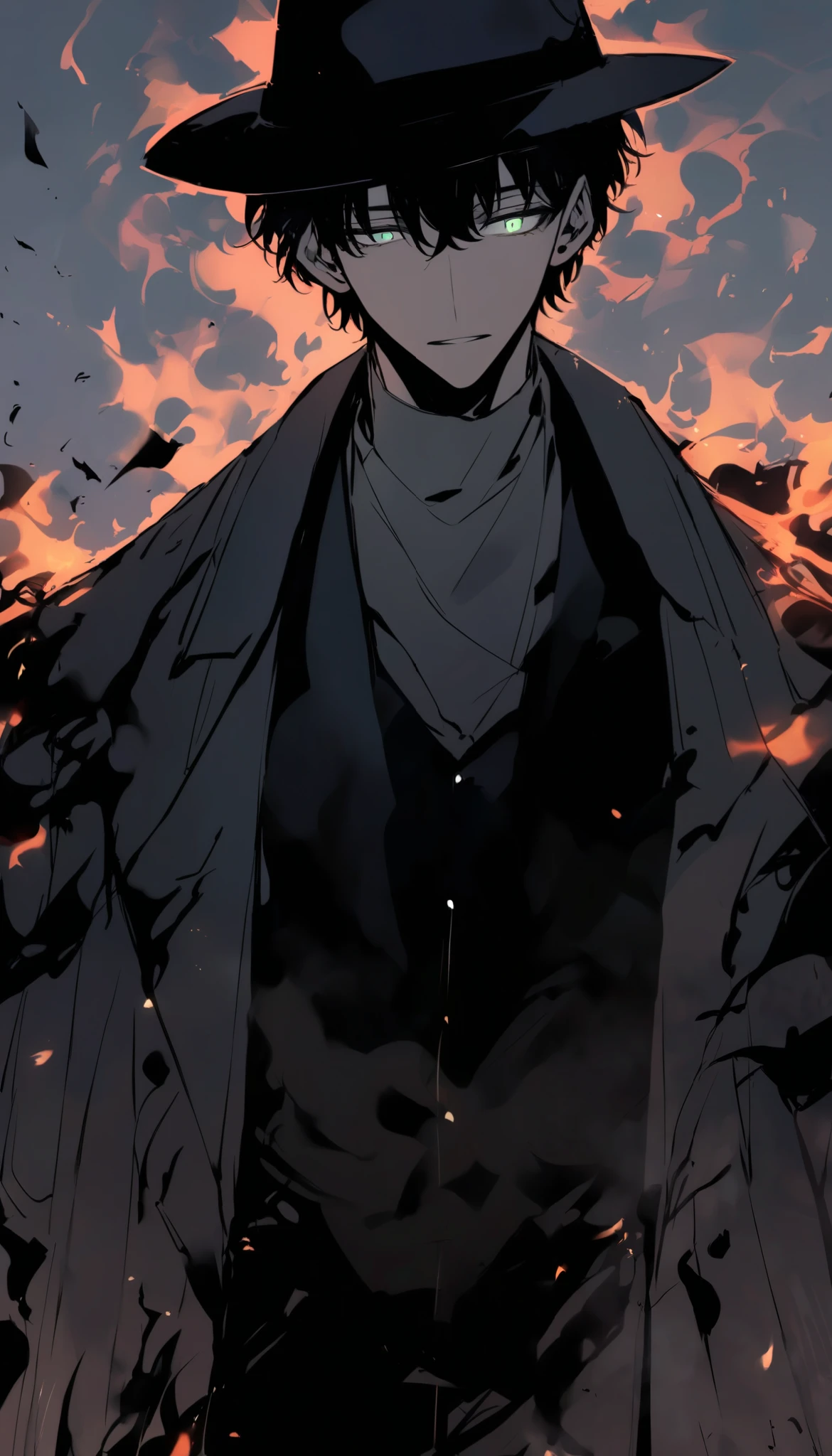 Handsome, alone, male, Short hair,fedora hat, fedora hat, black hair, black green odd eye, black pants, Black coat, black flame, upperbody
