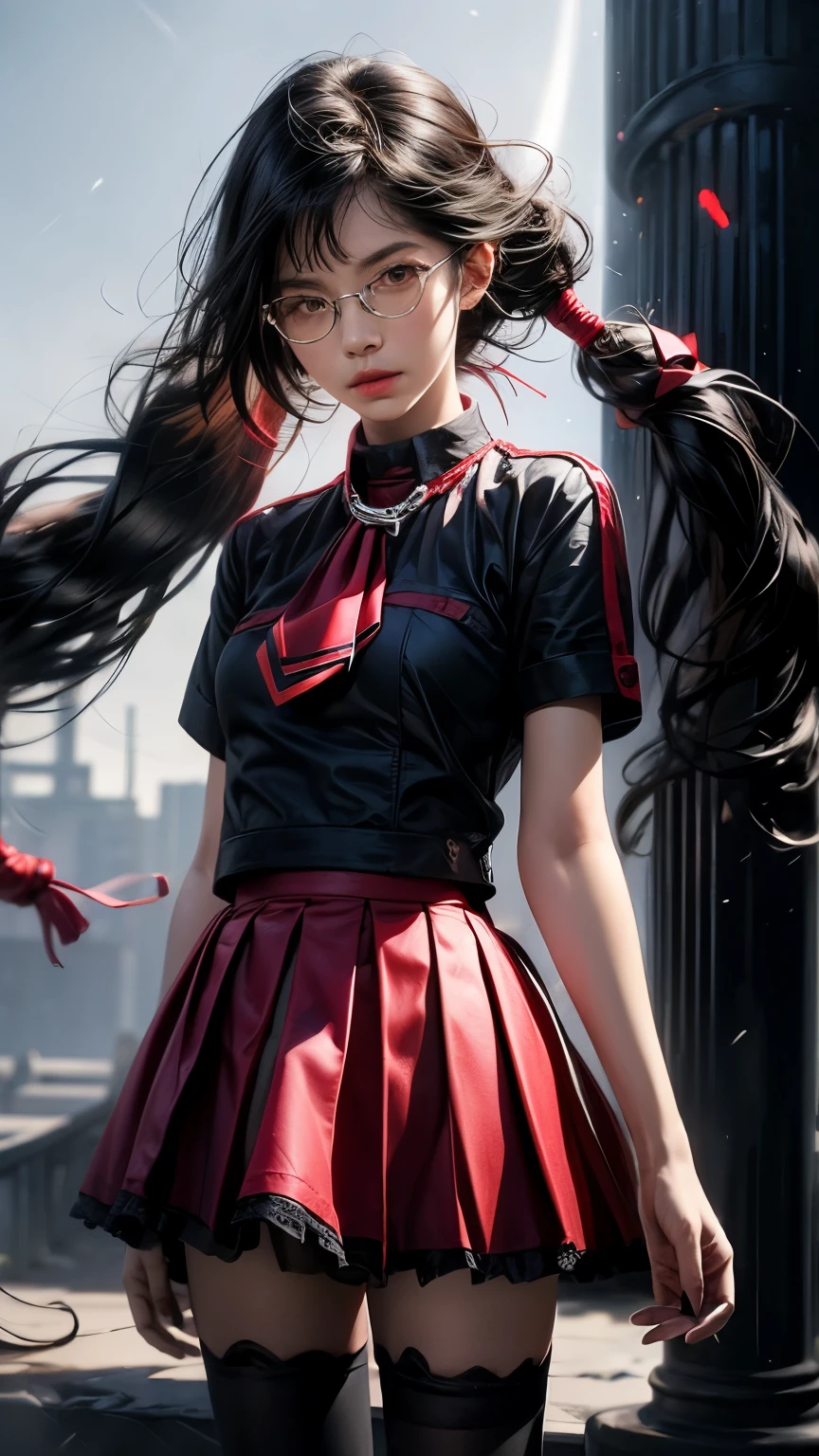 Anime BLOOD C a close up shot Saya Kisaragi,is a tall and slender light-skinned girl r who is often referred to as being beautiful with long black hair that is usually kept up in low twin-tails by two red ribbons wrapped around them at the back of her head with bangs hanging on the right side while she has shoulder-length hair strands hanging on either side, 01, has, black hair, red eyes, twintails, glasses, school uniform, red skirt; black short sleeve shirt black collar with red line ,a silver chain around the neck, with a double red tie with a dark grey line around the bottom of it. Katana, Near the top of the tie, there is a chain connected on each side of her collar, which has a red lining on the collar. She wears a red pleated skirt that goes just past mid-thigh length with some small black lace on the bottom of it. She also wears black socks cut just below the knee and red and brown shoes in a school model. ___BREAK___ On her right arm, there is an armband that is connected; 01 night sky blood moon red orchid background,.___BREAK___ kisaragisaya, a painstaking attention to character LoRa detail,4k,perfect hands, detailed eyes,score_9, score_8_up, score_7_up,extremely detailed,masterpiece,best quality,amazing quality,very aesthetic,high resolution,ultra-detailed,absurdres,newest,scenery,depth of field,scenery,volumetric lighting,masterpiece,best quality,amazing quality,(masterpiece, best quality, absurdres, highres), amazing quality, very aesthetic, (volumetric lighting), digital art style, drawn aesthetic, concept painting, ultrahigh definition,