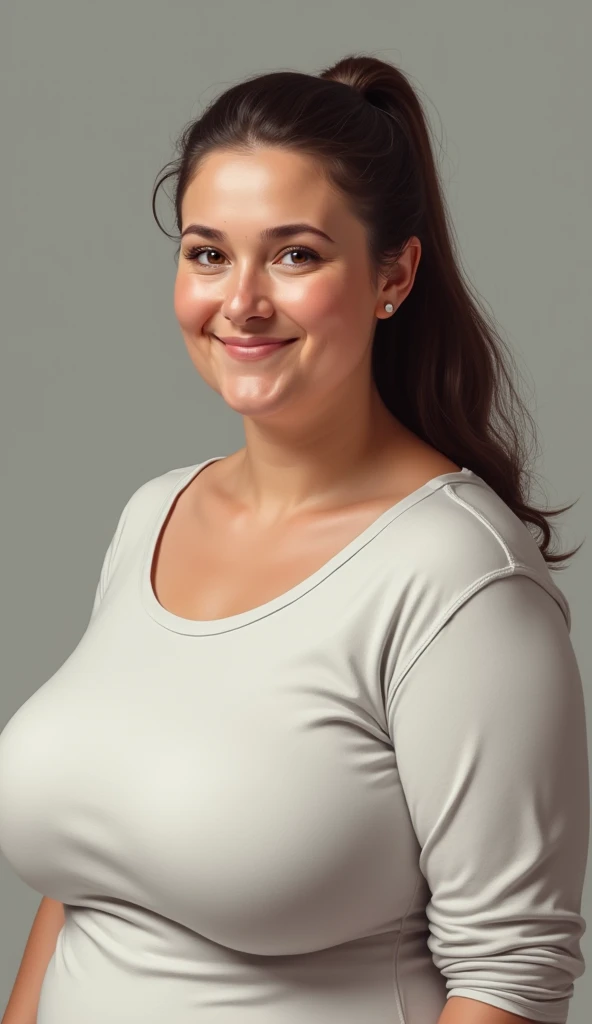 a woman smiling and looking at the camera, this person does not exist, 30 years old, round body shape, plump body, chubby, chubby round face, double chin, wearing a tshirt and jeans, stephanie welsh-sandra chevier-monica langlois-laurie greasly-bonnie maclean-jennifer wuestling-jenny seville-laurie greasely-diane ramic-elena masci-elizabeth saltzman merged, entire body visible, full body, hyperrealistic, best quality, 8K, real human skin, masterpiece, extremely intricate, medium closeup, detailed eyes, detailed face, detailed body, exaggerated features, pronounced features
