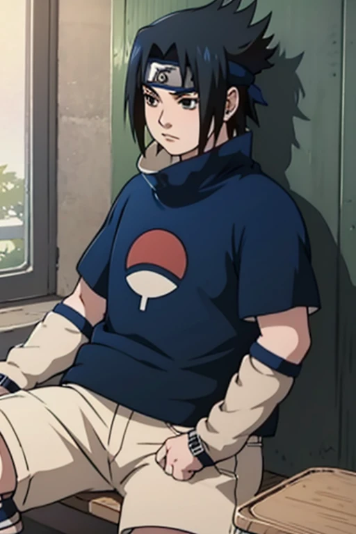 Sasuke Uchiha , short sleeve blue whore with high collar ,  shorts, fat body , fat arms,fat belly,


