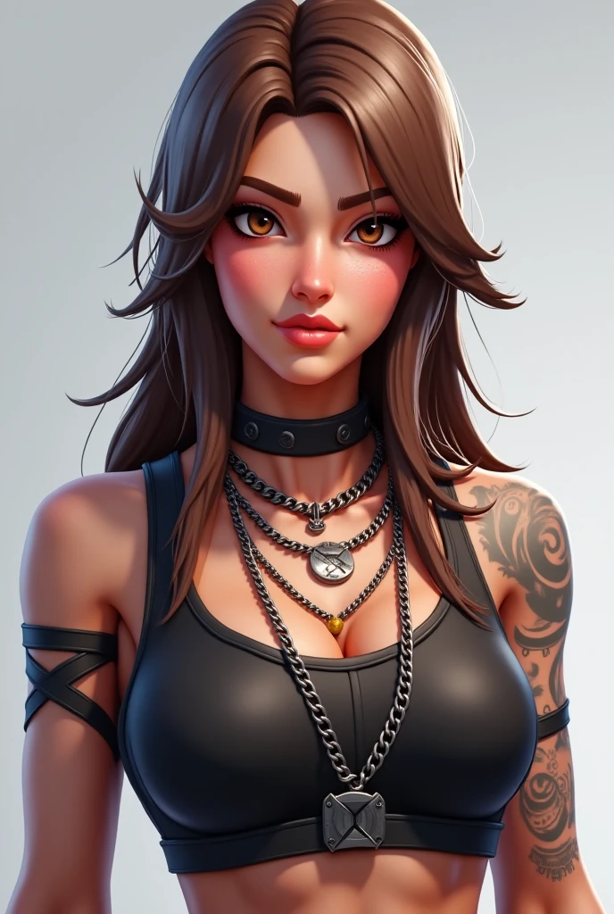 create a picture of a female fortnite character, Medium long hair, like shoulder length but a little longer and layered, straight eyebrows dark brown hair, big eyelashes, medium-sized lips, Clothes with some leopard print but not on the whole shirt
