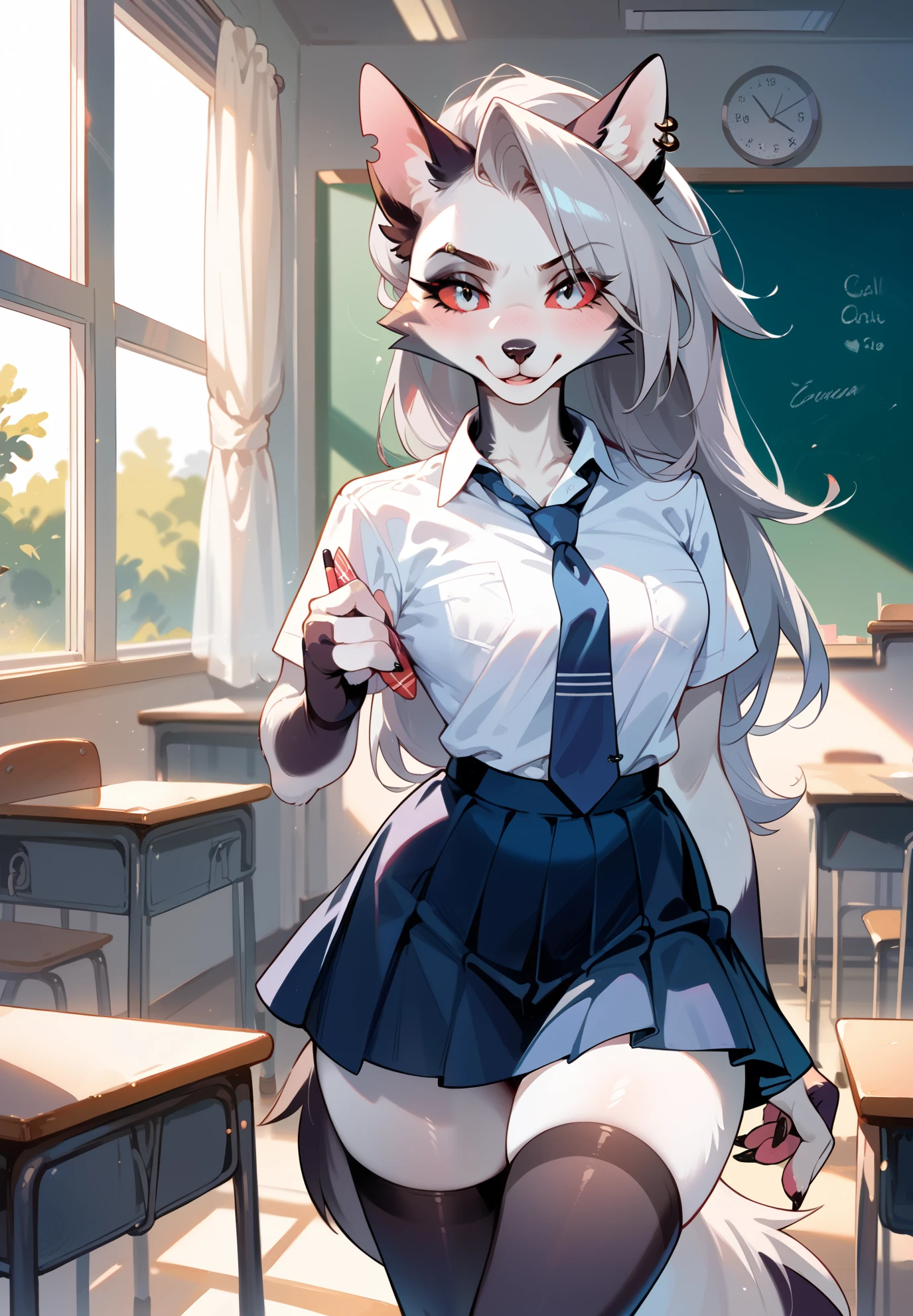 source_furry, 1girl, solo, loona from helluva boss, Anthro furry, schoolgirl cosplay, thigh highs, classroom, alluring atmosphere, BREAK, afternoon, cinematic lighting,