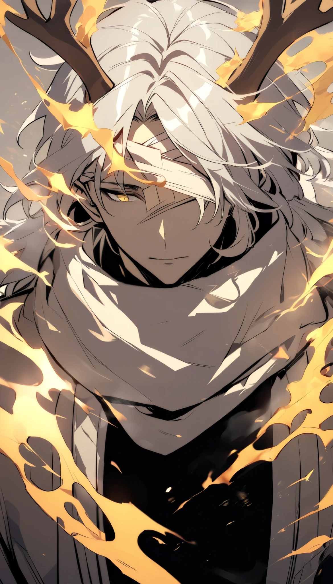 Handsome, alone, male, long hair, white hair, Bandages on eyes, white scarf, yellow black flame, upperbody, Reindeer horn, reindeer horn