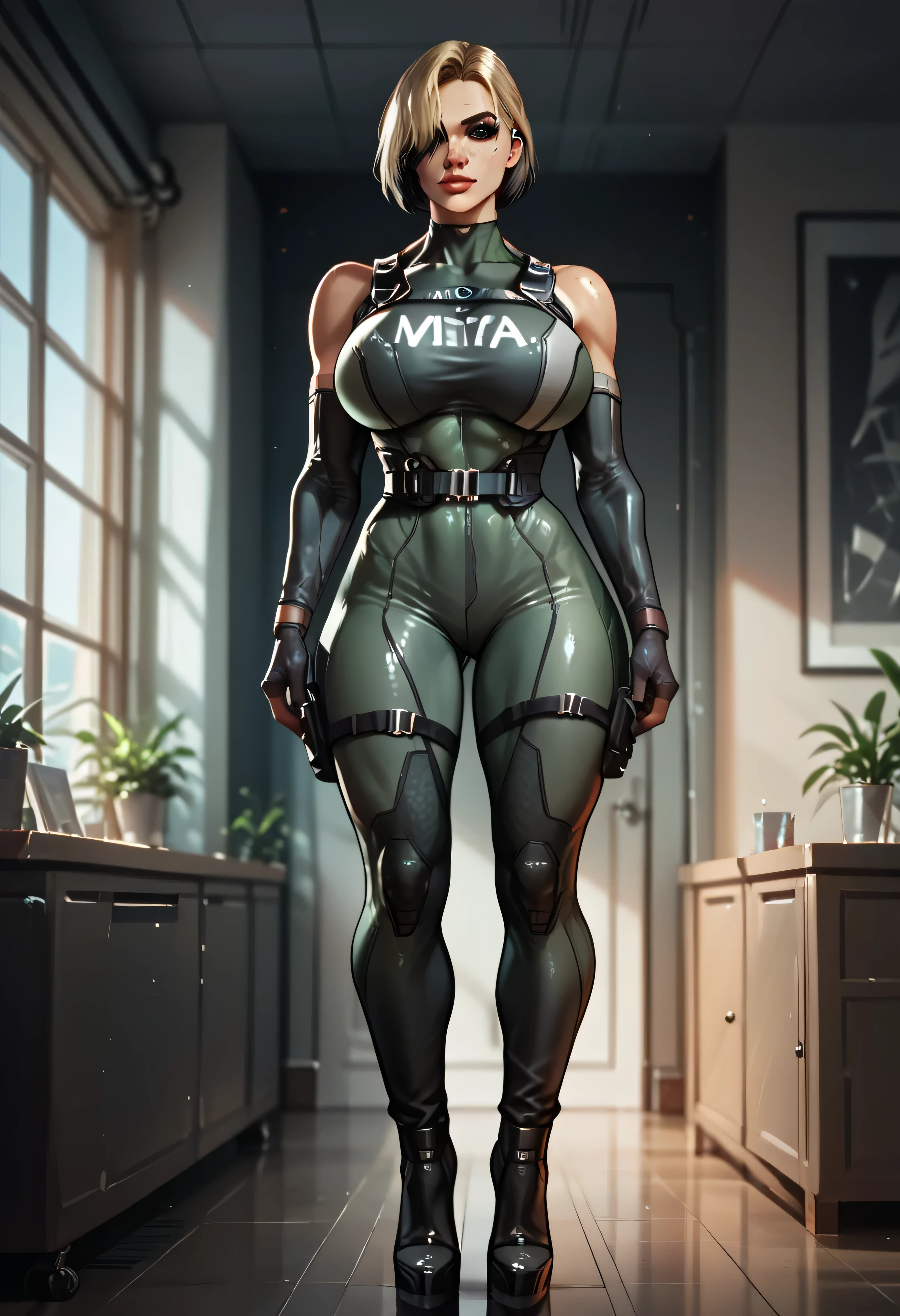 masterpiece, best quality, looking at viewer, solo, sgt calhoun, slim thick, perfect body shape, huge breast, full body photo