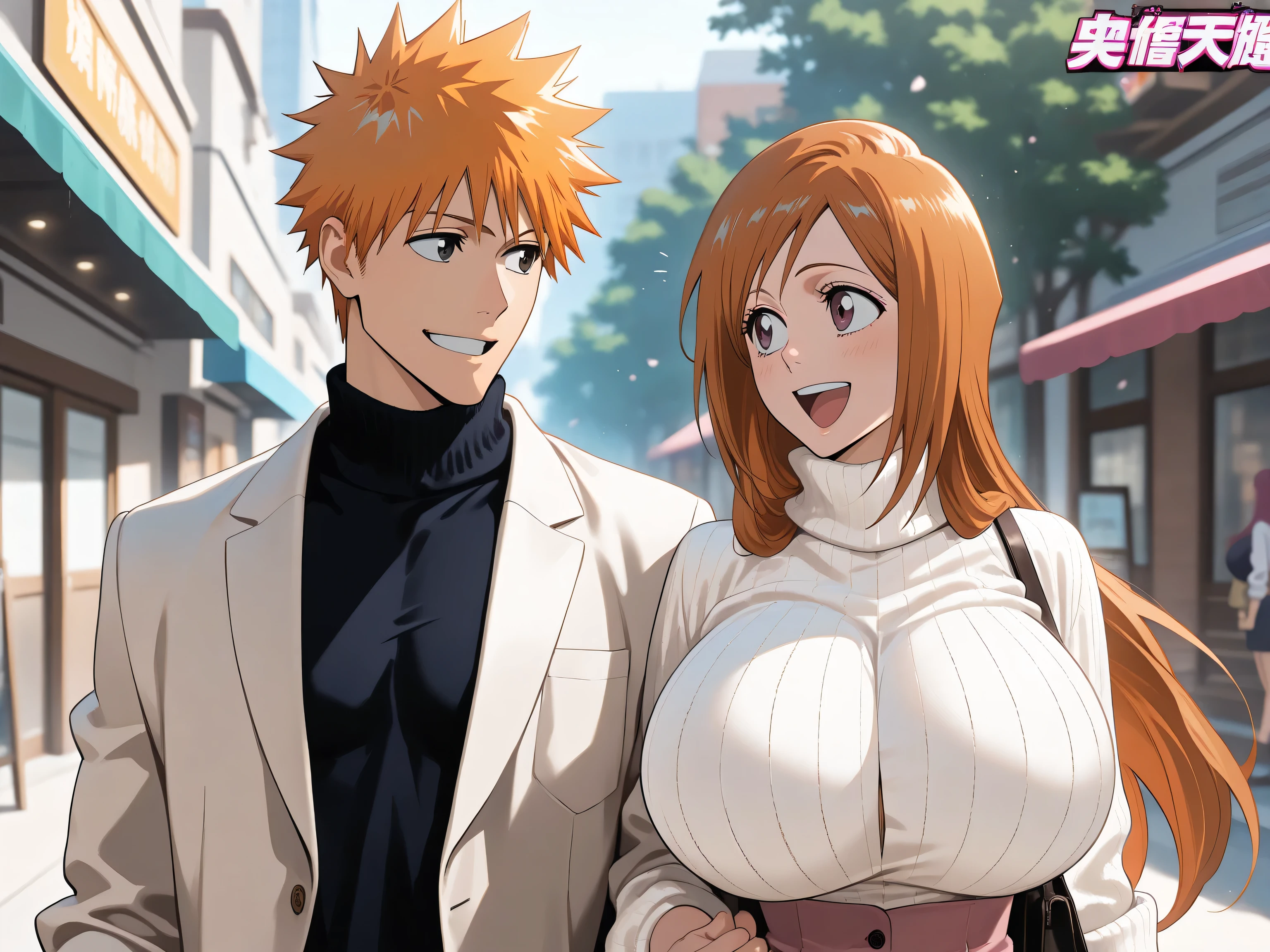 ((Masterpiece, best quality , highly detailed CG, 8k Unity Wallpaper)),(Masterpiece, best quality, Official Art, beautiful), Very vivid,High-precision images,Ultra high resolution, beautiful quality and attention to detail, couple walking in the street, kurosaki ichigo, inoue orihime, very huge breast, plain white turtle neck, smiling to each other, cinematic view, mature female body, detailed, concept