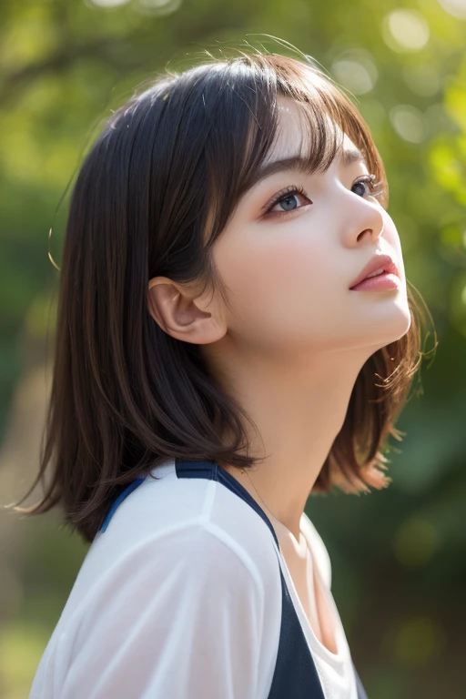 masterpiece, Best Quality, 8K, 20 yo, Large breast, Raw photo, Professional Photography, Portrait, Soft light, Professional Lighting, Back lighting, Solo, sad, close up, Cute, Girly, Delicate girl, Neat and clean beauty, Upper body, Looking away, Sophisticated, Film grain, (Eyes and faces with detailed:1.0), Medium length hair swaying in the wind,