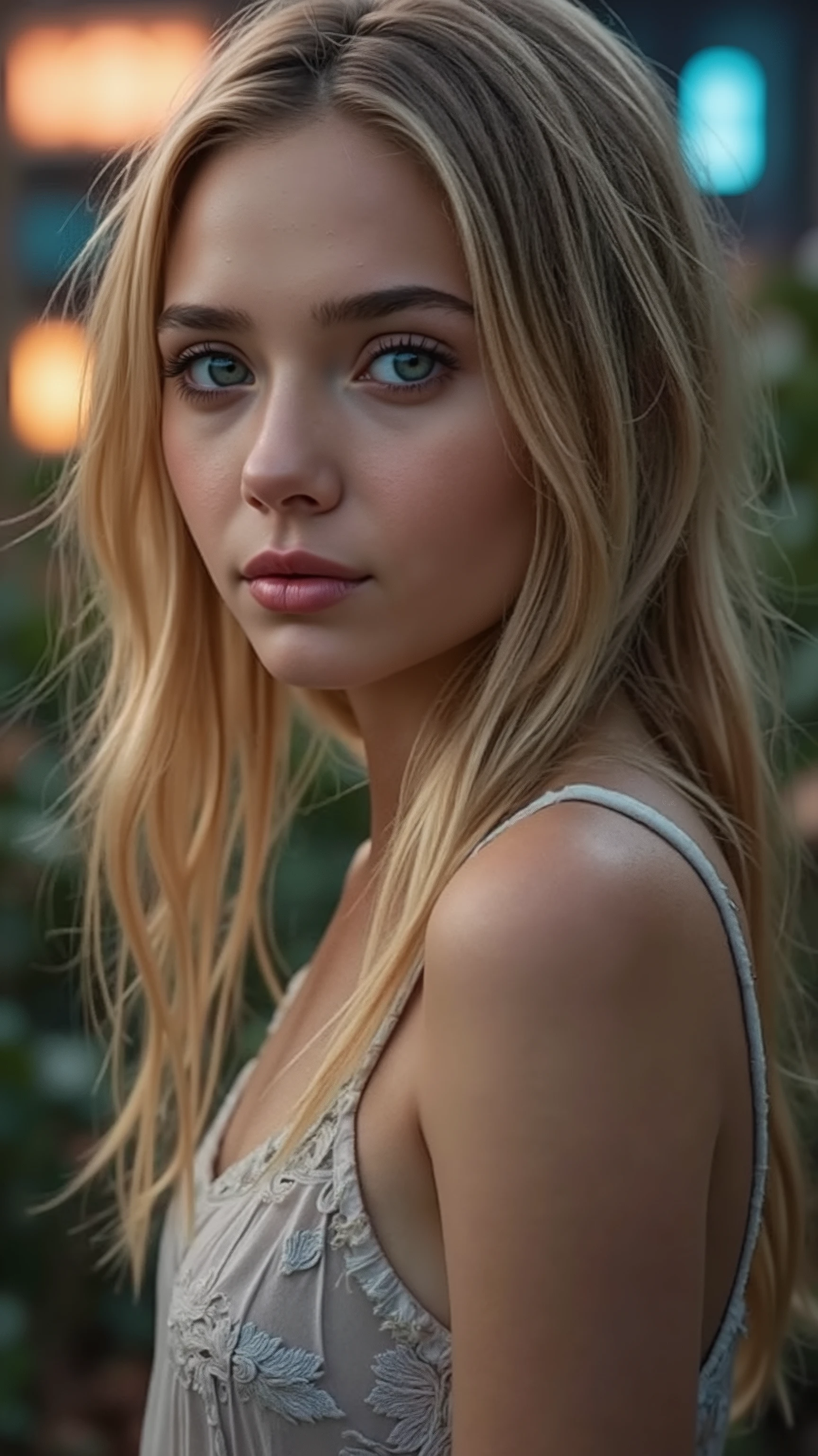🌟 quality & silent: whole head down to below the chest, three sided view, masterpiece, 8k, ultra high resolution, hyperrealistic, very detailed, natural lighting, SLR lighting, SLR camera , Fujifilm XT3, film grain, Sharp concentration, perfect lighting. 🌌 Scene & background: different backgrounds: A romantic sunset on the beach, with warm, golden hues . A dark, mysterious forest with moonlight, that falls through the trees. A luxurious Bedroom with candlelight and silky curtains. Ein urbaner background mit Neonlichtern und regennassen Straßen. 😈 model & Styling: A young , wild girl with silver-blond hair, different hairstyles such as quin tails, tri tails, pixie cut, expressive hair, single sidelock, hair pulled back, french braid, blunt bangs, ahoge, streaked hair, flattop , which in various Poses fall loose or styled are, and bright blue eyes , glowing blue eyes, She is wearing a lightweight , torn dress made of natural materials, that underlines her free and independent nature. 🔥 Pose & Mood: Different sensual facial expressions: she looks directly at the camera , with a seductive smile and half-closed eyes. She opens her lips slightly, with a playful and tempting look. She tilts her head slightly to the side, with a dreamy and sensual expression. She looks over her shoulder, with a mysterious and intense look. Die Mood ist sinnlich, seductive and full of emotions. 💋