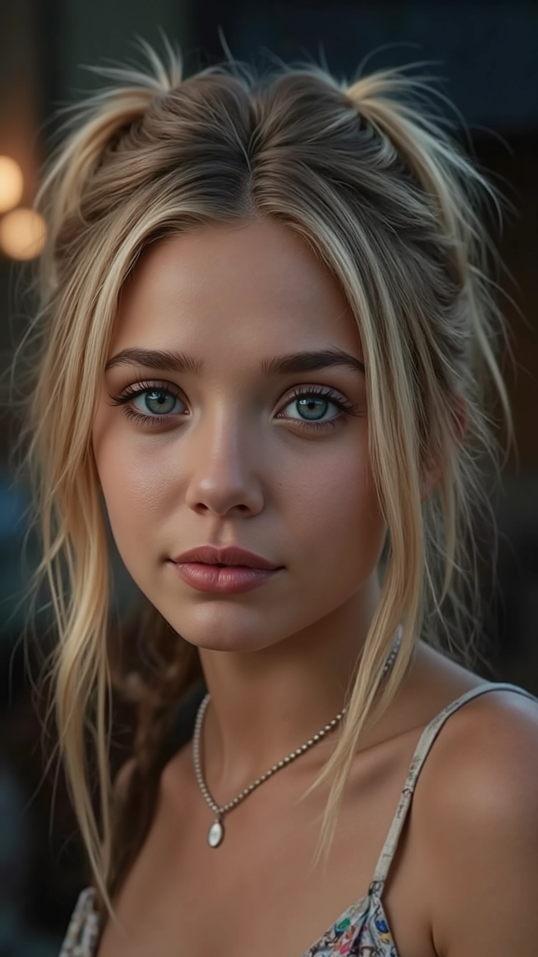 🌟 quality & silent: whole head down to below the big chest, three sided view, masterpiece, 8k, ultra high resolution, hyperrealistic, very detailed, natural lighting, SLR lighting, SLR camera , Fujifilm XT3, film grain, Sharp concentration, perfect lighting. 🌌 Scene & background: different backgrounds: A romantic sunset on the beach, with warm, golden hues . A dark, mysterious forest with moonlight, that falls through the trees. A luxurious Bedroom with candlelight and silky curtains. Ein urbaner background mit Neonlichtern und regennassen Straßen. 😈 model & Styling: A young , wild girl with silver-blond hair, different hairstyles such as quin tails, tri tails, pixie cut, expressive hair, single sidelock, hair pulled back, french braid, blunt bangs, ahoge, streaked hair, flattop , which in various Poses fall loose or styled are, and bright blue eyes , glowing blue eyes, big breasts, She is wearing a lightweight , torn dress made of natural materials, that underlines her free and independent nature. 🔥 Pose & Mood: Different sensual facial expressions: she looks directly at the camera , with a seductive smile and half-closed eyes. She opens her lips slightly, with a playful and tempting look. She tilts her head slightly to the side, with a dreamy and sensual expression. She looks over her shoulder, with a mysterious and intense look. Die Mood ist sinnlich, seductive and full of emotions. 💋