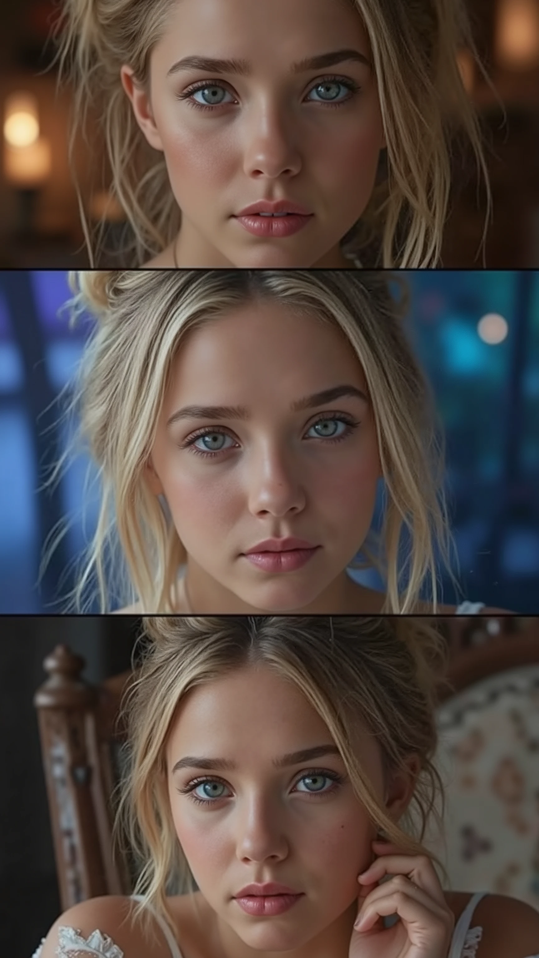 🌟 quality & silent: whole head down to below the big chest, three sided view, masterpiece, 8k, ultra high resolution, hyperrealistic, very detailed, natural lighting, SLR lighting, SLR camera , Fujifilm XT3, film grain, Sharp concentration, perfect lighting. 🌌 Scene & background: different backgrounds: A romantic sunset on the beach, with warm, golden hues . A dark, mysterious forest with moonlight, that falls through the trees. A luxurious Bedroom with candlelight and silky curtains. Ein urbaner background mit Neonlichtern und regennassen Straßen. 😈 model & Styling: A young , wild girl with silver-blond hair, different hairstyles such as quin tails, tri tails, pixie cut, expressive hair, single sidelock, hair pulled back, french braid, blunt bangs, ahoge, streaked hair, flattop , which in various Poses fall loose or styled are, and bright blue eyes , glowing blue eyes, big breasts, She is wearing a lightweight , torn dress made of natural materials, that underlines her free and independent nature. 🔥 Pose & Mood: Different sensual facial expressions: she looks directly at the camera , with a seductive smile and half-closed eyes. She opens her lips slightly, with a playful and tempting look. She tilts her head slightly to the side, with a dreamy and sensual expression. She looks over her shoulder, with a mysterious and intense look. Die Mood ist sinnlich, seductive and full of emotions. 💋