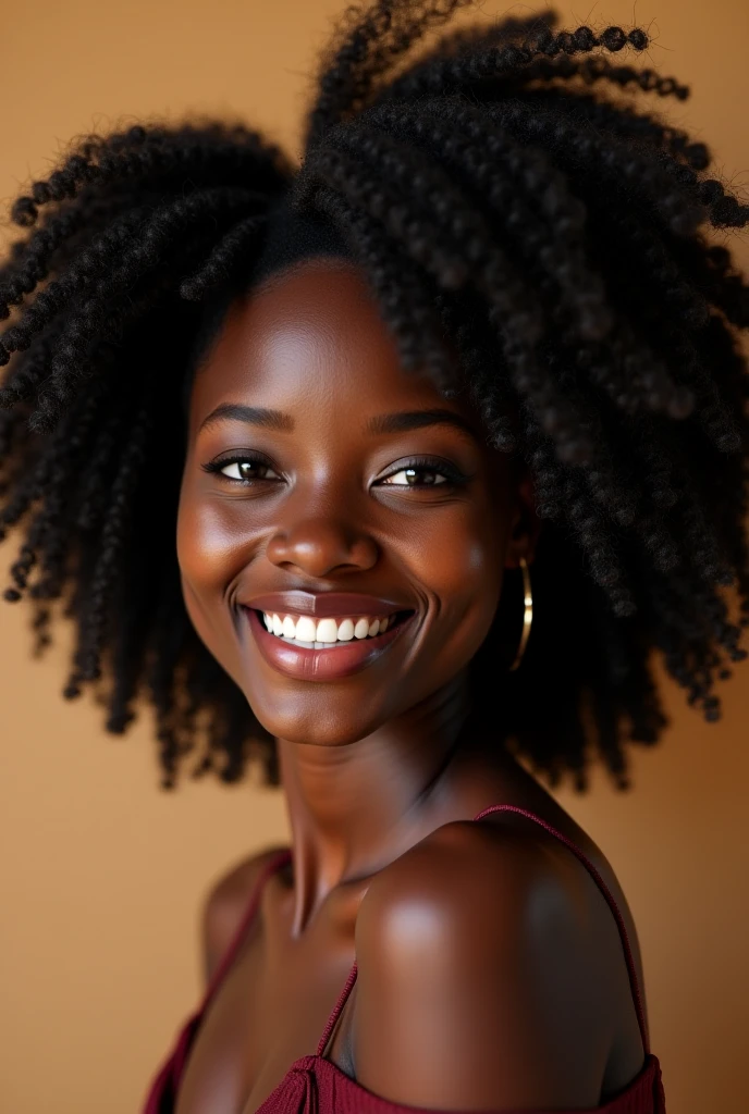 mulher sorridente com cabelo cacheado usando um top preto e brincos de argola, cabelo encaracolado preto, longos cabelos cacheados pretos selvagens, cabelos negros cacheados, longos cabelos cacheados pretos, Directed by: Robert Lee Eskridge, preto longo cabelo encaracolado longo, foto de uma mulher negra, Directed by: Leonard Daniels, lindamente iluminado, medium details, Demessance Kezie, Liana, cachos da liberdade