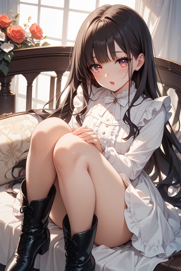 Ultra high precision、high resolution、(Naked girl sitting with her legs thrown out on the floor, looking at the floor:1.4)、Pretty face、black hair、pubic hair is growing、 ((While crying))、smaller breasts、empty eyes ((white mucus dripping from genitals))..、In the ruins、(Burgundy long-sleeved dress with ruffles and lace decoration:1.4)、Flat Pumps、silver hair