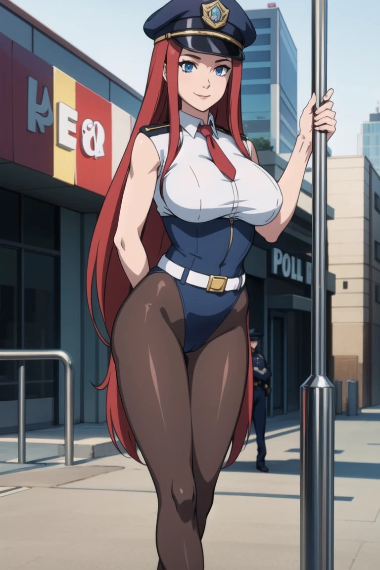 best quality, masterpiece, highly detailed, illustration, 1girl, solo, yoshida yuuko \(machikado mazoku\), horns, shamiko, standing, (bunny), pantyhose, wrist cuffs, detached collar, pantyhose, high heels, city street, strapless leotard, lips parted