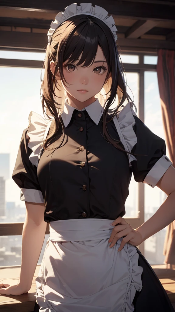 #Basics A girl is posing for a photo, animeのかわいい女の子, (((One Girl, Baby Face, Young girl, 16 years old))),
BREAK
#Clothing Accessories
(Waitress Uniform : Classic(Black and white)Color scheme + (Long Flared Skirt)Wearing a white apron + Button up your collared shirt blouse neatly + Neat starched fabric + Black high heels),
BREAK
#Features
((Black Hair:1.4), Curly hair:1.4, (ponytail : Short Hair + Full and voluminous hair + White ribbon)),
(Droopy eyes, blue eyes), (Small breasts),
BREAK
#background environment
((morning, Sunlit kitchen:1.4, 食卓にmorning食が並んでいる)),
#Facial Expression Pose
((Wicked Smile), (Are standing)),
#composition
((Face the camera, Angle from the front, Cowboy Shot:1.4)),
BREAK
#Body parts elements
(Detailed hair, Beautiful Hair, Shiny Hair),
(double eyelid, Long eyelashes),
(Expression of fine eyes, Beautiful and delicate eyes, Sparkling eyes, Eye Reflexes, Glitter Eyeliner),
(Human Ear),
(Beautiful Nose, Thin Nose),
(Glossy lips, Beautiful Lips, Thick lips, Glossy Lips, Natural Cheeks),
(Detailed face, Symmetrical facial features),
(Detailed skin, Textured skin, Beautiful Skin, Shiny skin),
BREAK
#Quality
(((Highest quality)), ((masterpiece)), ((Very detailed))), ((High resolution), (16K,1080P)),
(Realistic), (Anatomically correct),
((comics, anime)), (3DCG), CG illustration,