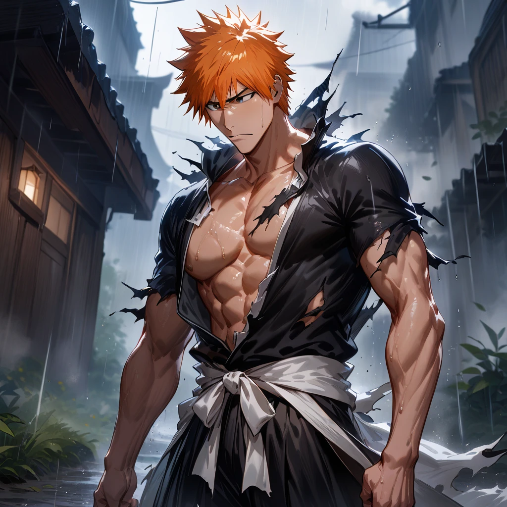 1 boy, male focus, Kurosaki Ichigo, bleach, Also available in black, God damn Zhanyue (for banks), torn clothes, outdoor, rain, breastplate plaster), (best quality), (Super detailed), very aesthetic, illustration, disheveled hair, perfect composition, hydrated skin, intricate details,