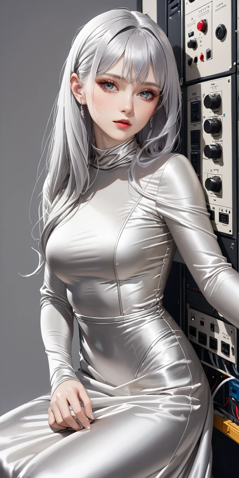 a drawing of a woman in a short skirt and top, perfect white haired girl, white haired lady, silver hair girl, realistic shaded perfect body, girl silver hair, girl with white hair, casual pose, tifa lockhart with white hair, cell shaded adult animation, white haired, anime style character, flat anime style shading, cyborg - girl with silver hair