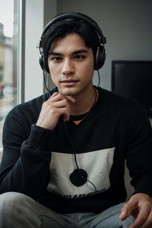 A boy sitting on chair with black shirt with earphone and background light effect 