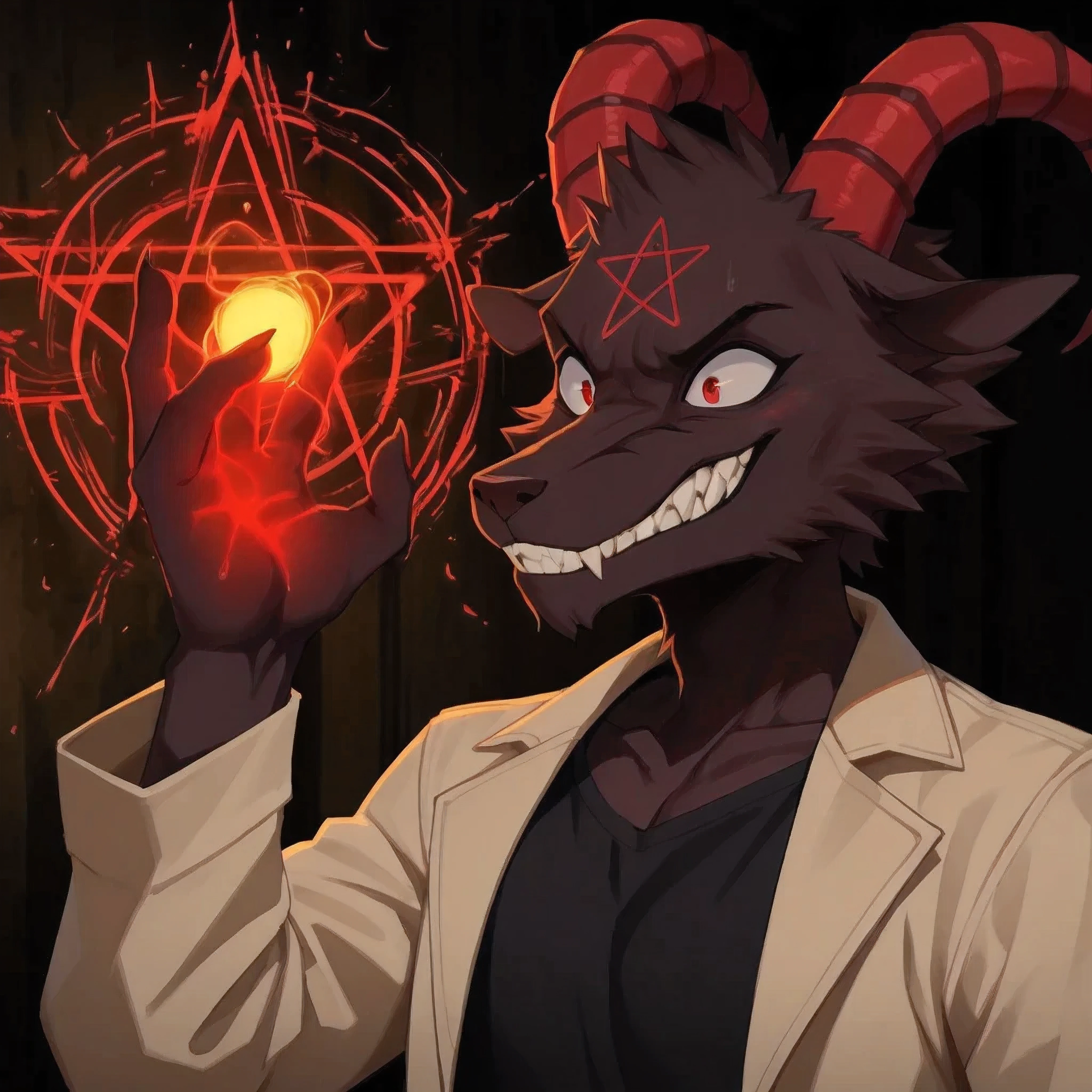 [GrimV1♂️] [Experimenting LoRa Model] - (by skweekers), solo, thin male, GrimV1, anthro, dark furs, red curved horn, red pentagram on forehead, long_snout, big-pupil, crime scene, (wearing tan long-coat), (wearing a black t-shirt), glow-hands, magic, 