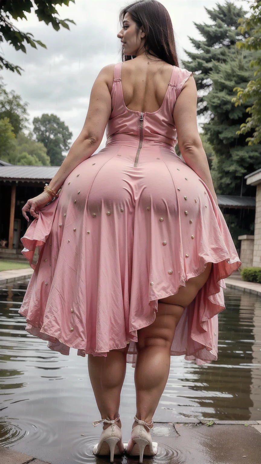 ((Best quality, 8k, lace maxi dress, standing in the rain, red light district, highly detailed face and skin texture, detailed eyes, double eyelids.), (large breasts: 1.6)