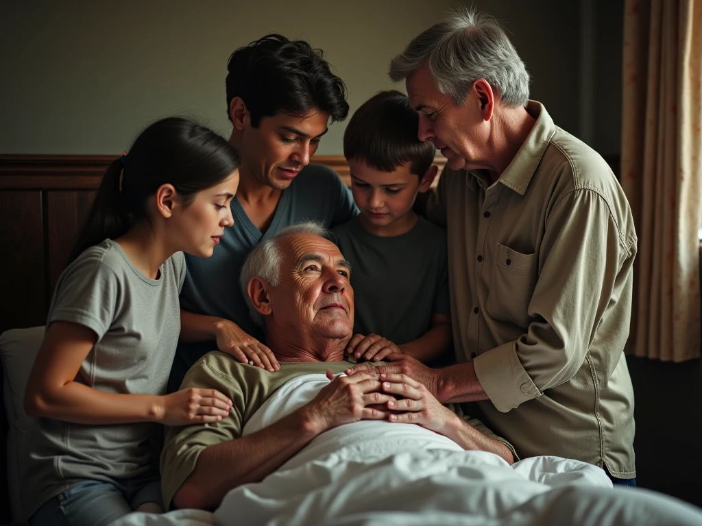 Generator a image of a man who sit on stretch in hospital and covered by blanket and his child from right side and that man's wife from left side huge him, make a realistic picture 