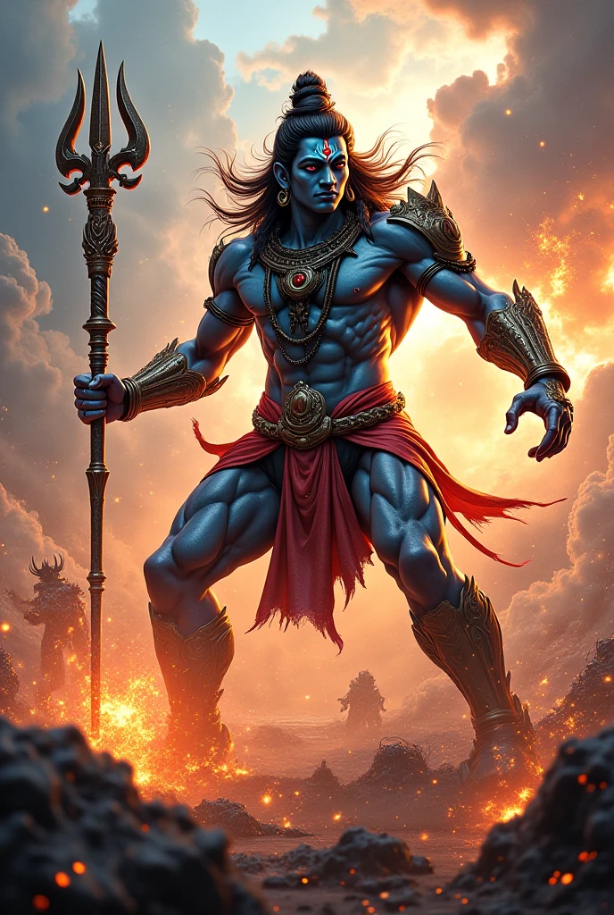 Lord Shiva Cutting Ganesh's normal Head**
Depict a dramatic scene where Lord Shiva, in a moment of anger, uses his trident to strike normal Ganesh, severing his head. The image captures the intensity of the moment with Lord Shiva’s fierce expression and Ganesh’s men normal head falling. The background shows a sudden shift in atmosphere, with dark clouds forming, indicating the gravity of the act.