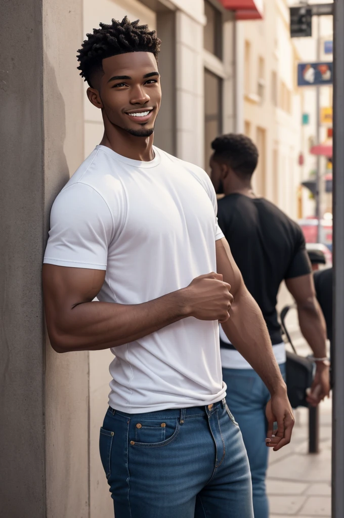 ((Best quality, 8k, Masterpiece:1.3)), Sharp focus:1.2, documentary photo of handsome young_man with perfect body:1.4, (smile), smile, light_skin, upper_body, ((Layered haircut, broad and muscular shoulders: 1.2)), (fitted white t-shirt) (abdominal and pectoral muscles), (White shirt wet by rain), (Rain, Street: 1.2), Highly detailed face and skin texture. Shot from a dutch angle.