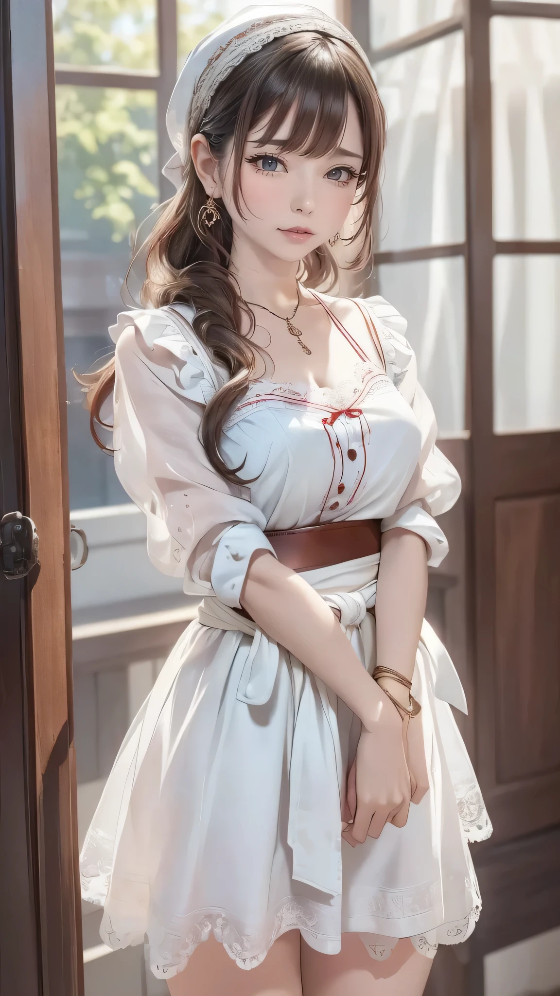 1girl,Wearing a traditional-style outfit. Her white blouse has ruffle details and embroidery, with red and white striped patterns on the sleeves and ribbon accents on the upper arms. The skirt is red with pleats and lace trims. There is a brown belt around the waist with floral embellishments and tassels, adding to the folkloric feel of the overall look. The outfit looks inspired by historical or folk costumes, with its intricate details and color combination,, beautiful detailed eyes, beautiful detailed lips, extremely detailed eyes and face, long eyelashes, best quality, 4k, 8k, highres, masterpiece, ultra-detailed, realistic, photorealistic, photo-realistic, ethereal glow, regal elegance, intricate details, luxurious, otherworldly beauty, dark atmospheric background, supernatural aura,tamaki