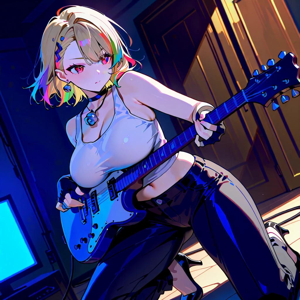 masterpiece, best quality, ultra-detailed, illustration, an extremely delicate and beautiful,high resolution, ultra-detailed,,perfect face,slender perfect body, Tight belly,Toned buttocks,Constricted waist,,(girl plays the guitar:1.7),15yono make,(yellow hair),(braided hair),(rock and roll star:1.3),(big smile),(open shirt:1.2),(tattoo on thigh:1.3),(very short hair), shy daughter, short stature,(rock and roll star:1.3),(big breasts),(on a luxurious stage), (band girl),((very wide shot )),( sweaty skin:1.2),(low view:1.5),(spread legs:1.3),white panties
