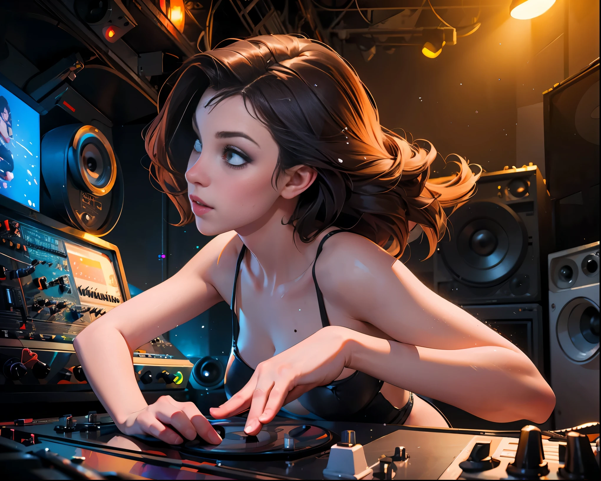 girl_band, 3 girl sexy tanzpose, on the record player, Mixing desk , techno, dance, CLUBMUSIC, splash, ink, paint, photorealistic 8k, professional, high resolution, ultra detailed, physically-based renders, hdr, studio lighting, vivid colors, bokeh, fantasy, portrait, pop-art, oil, ultrafine painting, captivating atmosphere, sunlight, romantic, dynamic movement, graceful