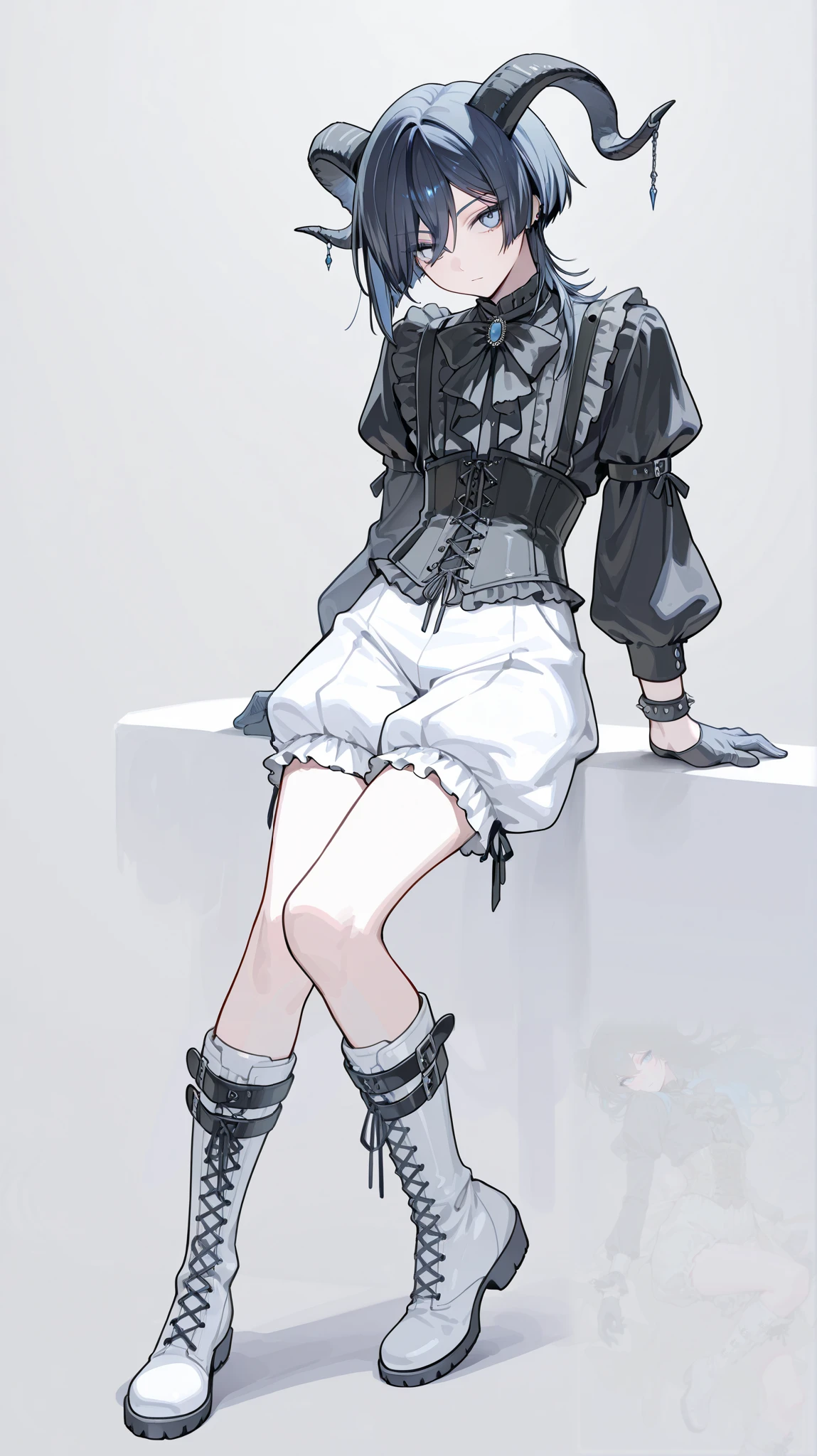 Full body, Male focus,Best Quality, Masterpiece, adult male, (8K, Best Quality, Masterpiece:1.2), Ultra Highres, Intricate Details, Gothic, 1boy, (beautiful face:1.2), frilled shirt, (bloomers:1.2), corset, knee high boots, bondages, simple background, bob hair, puffed sleeves, solo, black shirt, mullet hair, punk, Prince, androgynous, Gothic, blue eyes, goat horns, jumpsuits, black hair with blue hair tip highlight, half palm gloves, white boots