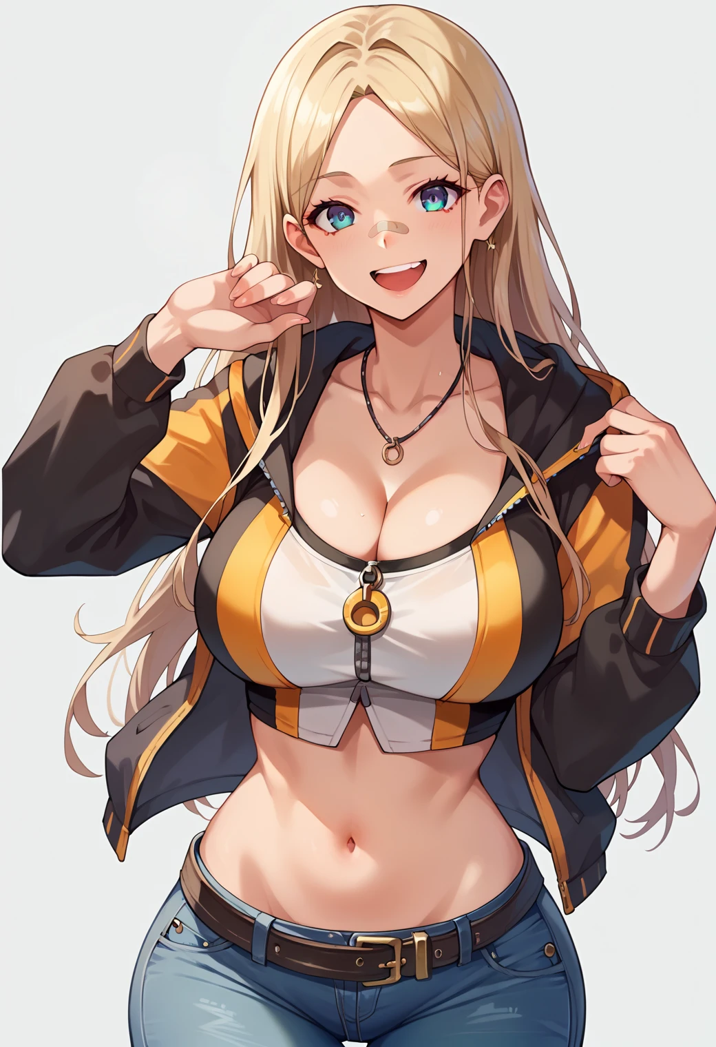 Gal, blonde ponytail, large breasts, thighs, camisole, shorts, cleavage, open jacket, (close shot,best quality:1.5, highres, UHD, 4K), street background, smiling