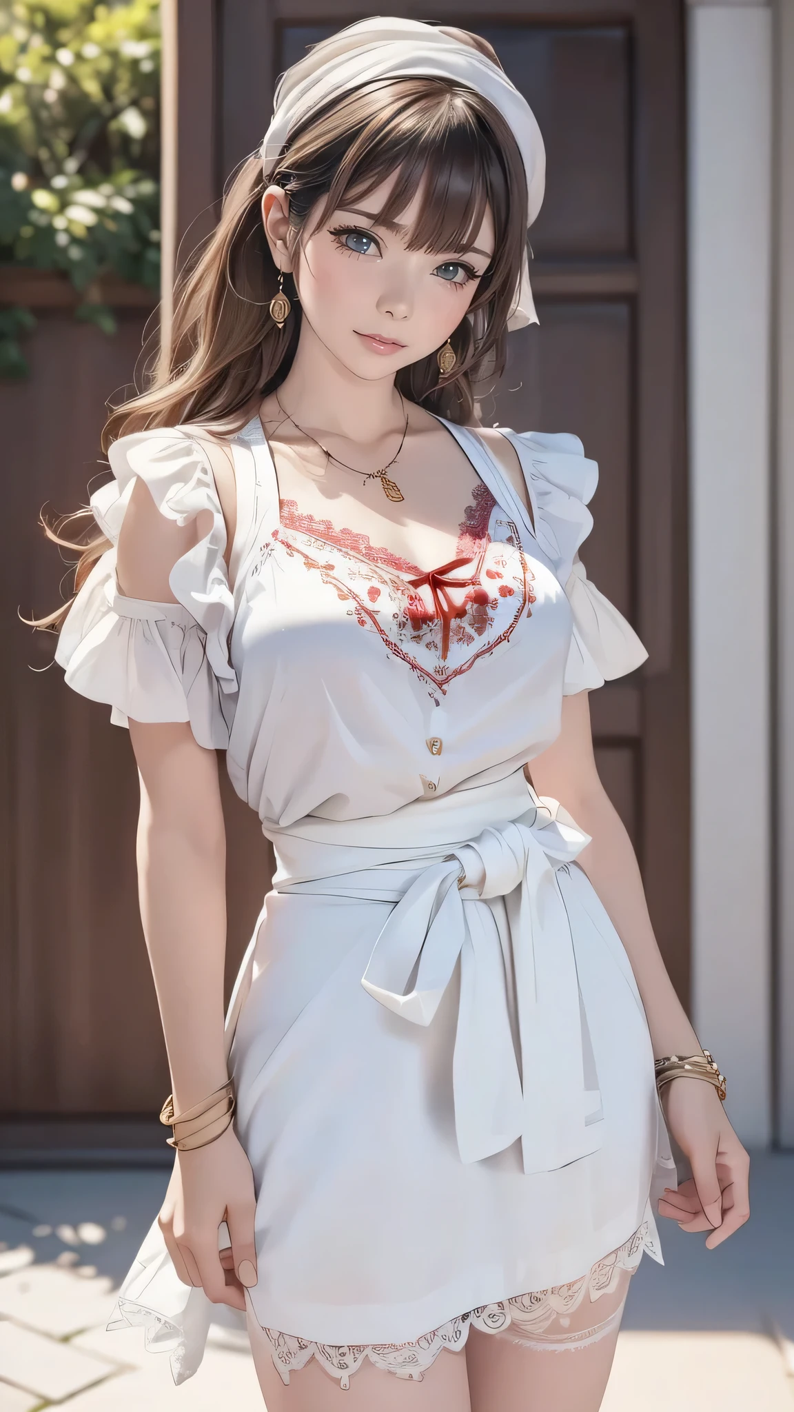 ((sfw: 1.4)), (sfw,She is wearing a long white embroidered skirt, a red blouse with lace, a white apron tied around her waist, blue socks, and brown leather shoes.A blue scarf is on her head. Yes, her accessories include necklaces, earrings, and bracelets. 1 Girl)), Ultra High Resolution, (Realistic: 1.4), RAW Photo, Best Quality, (Photorealistic Stick), Focus, Soft Light, (()), (( (young face))), (surface), (depth of field), masterpiece, (realistic), woman, bangs, ((1 girl))