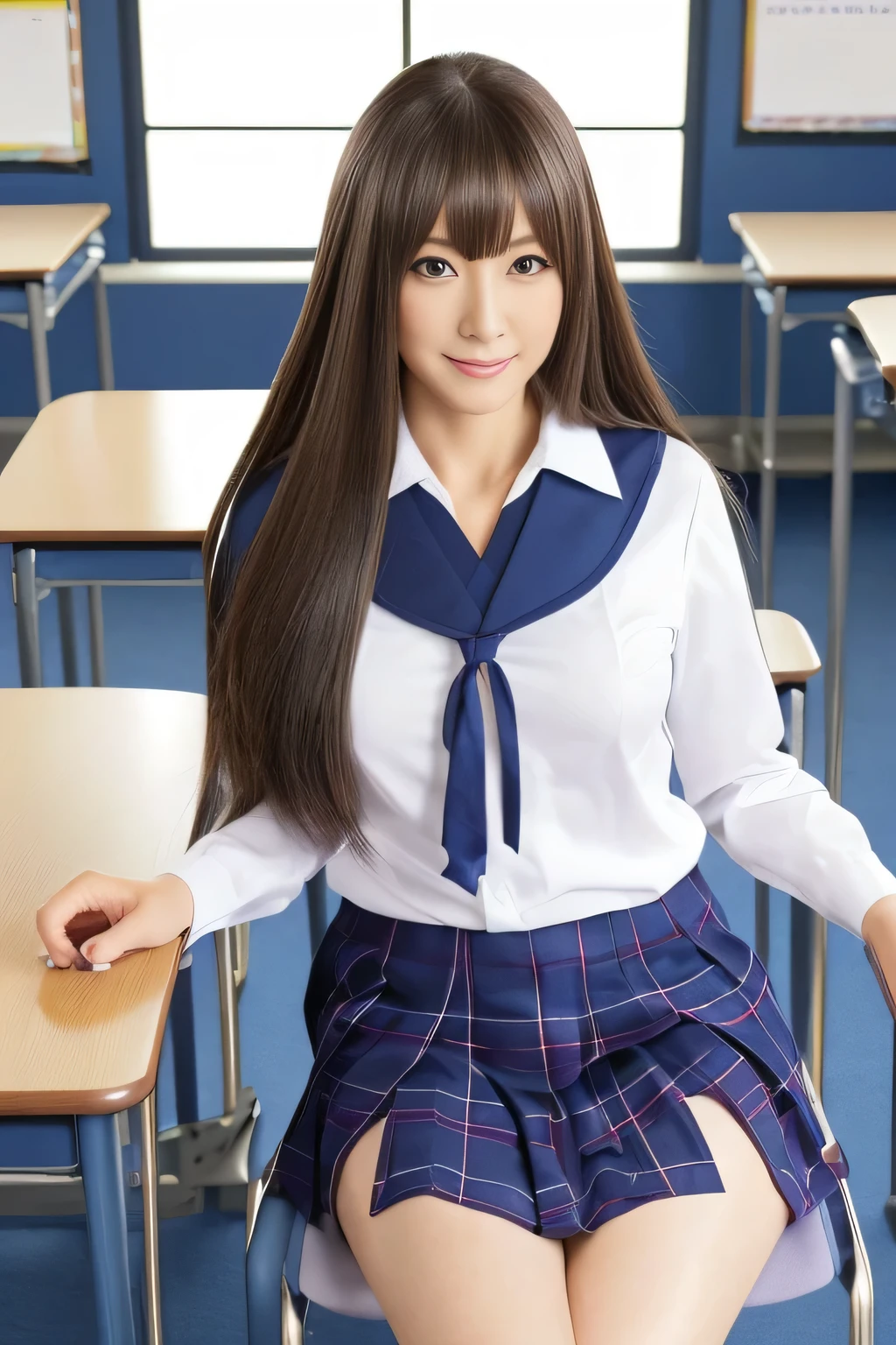 ((48-year-old mature woman was filmed in a dim classroom))((school uniform, japanese school uniform, Seifuku, wearing school uniform, wearing a school uniform, magic school uniform, japanese school uniform, magical Mature Woman uniform, avant uniform , Mature Womanユニフォーム , Mature Woman, wearing japanese school uniform, blue uniform, Mature Woman school Mature Woman, super short blue plaid skirt))(to show off her beautiful hair、filmed so that as much hair as possible was visible)(The perfect face of the most beautiful Japanese 48-year-old mature woman)(top quality)(masterpiece)(Get used to it)(Top details)(4K)(Big Breasts)(erotic makeup)(( long brown hair fluttering in the wind:1.1))(gaze that attracts men)((perfectly straight bangs that cover her forehead))((the most beautiful dark hair in Japan))((Super long hair that reaches the ground))((top quality super long hair that reaches down to her ankles!!!!!) ))(glitter and beautiful shining hair!!)((The most straight and beautiful hair in Japan!!!))((abnormally long and thick ankle-length hair!!!!!))(thick healthy beautiful hair)(beautiful flowing hair )(The longest hair in Japan!!!!!)((the beautiful super long hair that reaches the ankles!!!!!))((the beautiful super long hair that reaches the ankles!!!!!))((the beautiful super long hair that reaches the ankles!!!!!))((she is sitting on a chair in the classroom))