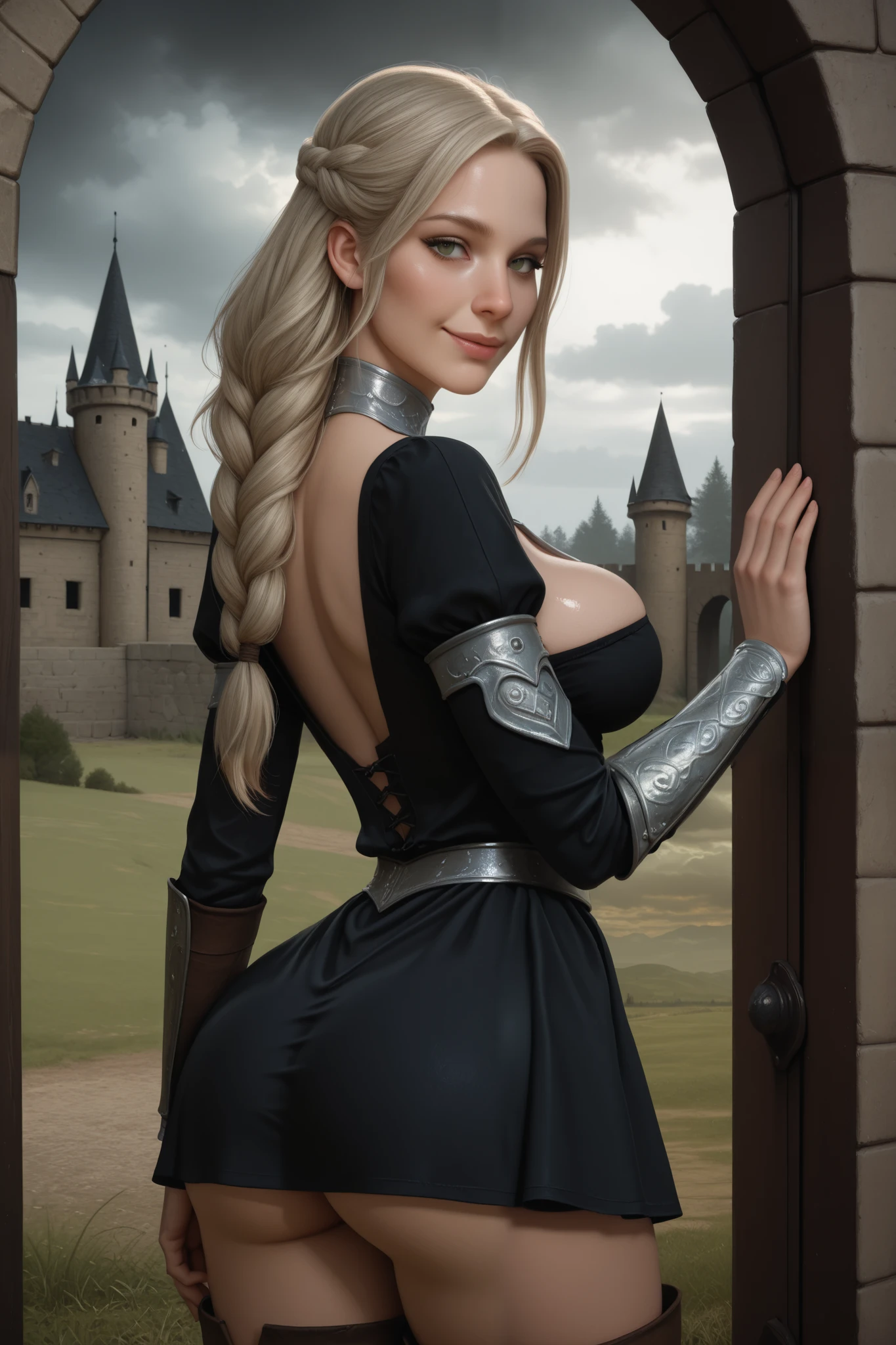 (Masterpiece, High resolution, Anatomically correct, Textured skin, Realistic texture, Glossy skin, Realistic illustrations, 8K, Woman, Thin nose, Female nose, Adult, 18 years old, ((Daenerys character)), Beautiful, Princess features, Best quality, Amazing quality, Ultra detailed, Absurd, Very aesthetic, Pretty face, Official style, Realistic eyes, Detailed, Green brown eyes, Detailed eyes, Realistic coloring, Caucasian, Young, Braids in hair, Soft wave hair, Long hair, Light blonde hair, Subtle smile, Sensual expression, Naughty, Sexy, Sensual look, Average breasts, Silicone breasts: 1.1, Nice thighs, Nice legs, Nice ass.
((Black medieval mini dress with silver details neckline)), Cleavage ((Black dress, silver details: 1.2)), Black medieval long boots. ((She is standing with her back looking back)) Perky ass,
Standing with her back turned, Rear view, Looking at viewer, View back.
The background contains the entrance gate of a medieval castle, cloudy sky with many clouds, dark weather, grass, few trees, dramatic lighting, gloomy,
