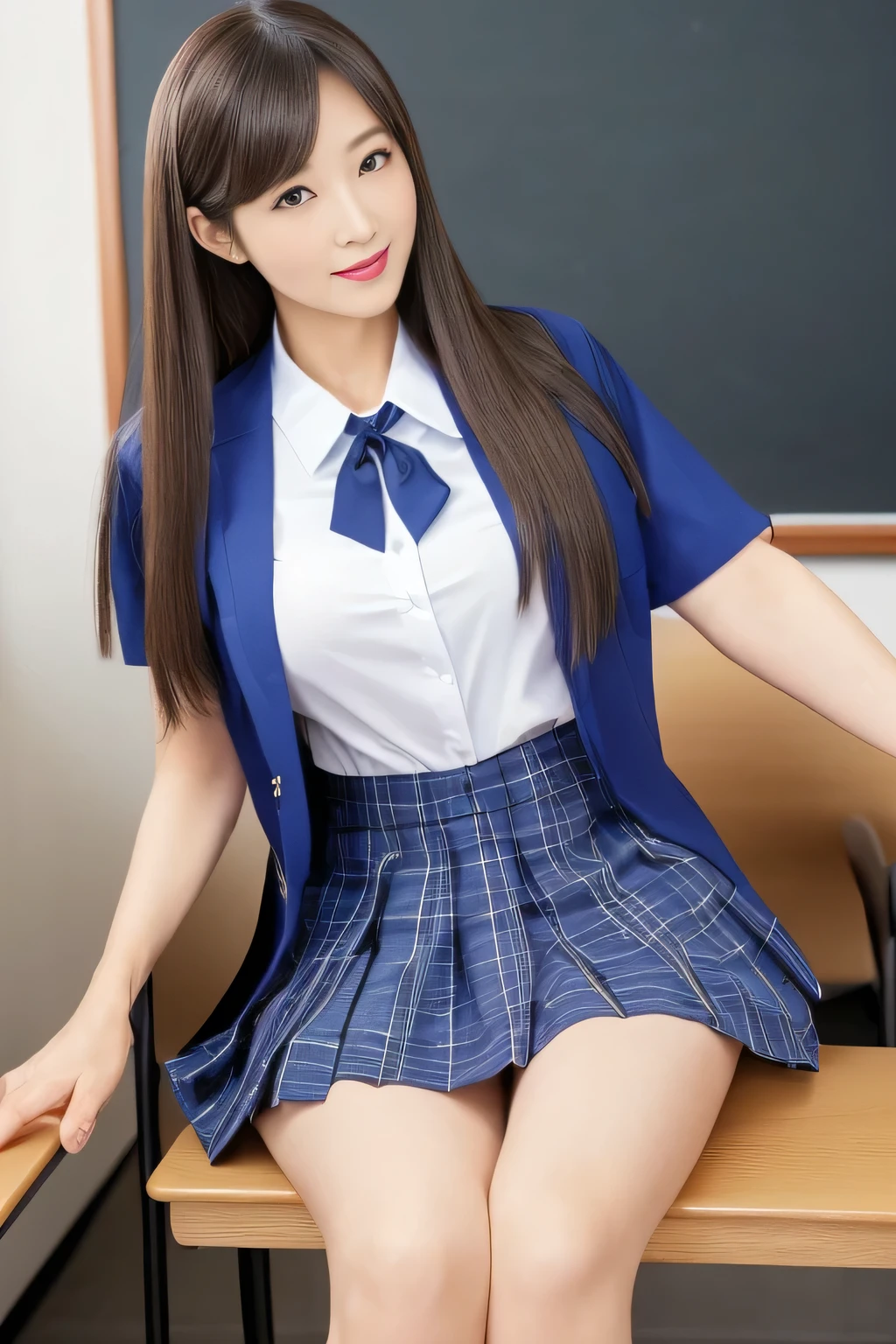 ((48-year-old mature woman was filmed in a dim classroom))((school uniform, japanese school uniform, Seifuku, wearing school uniform, wearing a school uniform, magic school uniform, japanese school uniform, magical Mature Woman uniform, avant uniform , Mature Womanユニフォーム , Mature Woman, wearing japanese school uniform, blue uniform, Mature Woman school Mature Woman, super short blue plaid skirt))(to show off her beautiful hair、filmed so that as much hair as possible was visible)(The perfect face of the most beautiful Japanese 48-year-old mature woman)(top quality)(masterpiece)(Get used to it)(Top details)(4K)(Big Breasts)(erotic makeup)(( long brown hair fluttering in the wind:1.1))(gaze that attracts men)((perfectly straight bangs that cover her forehead))((the most beautiful dark hair in Japan))((Super long hair that reaches the ground))((top quality super long hair that reaches down to her ankles!!!!!) ))(glitter and beautiful shining hair!!)((The most straight and beautiful hair in Japan!!!))((abnormally long and thick ankle-length hair!!!!!))(thick healthy beautiful hair)(beautiful flowing hair )(The longest hair in Japan!!!!!)((the beautiful super long hair that reaches the ankles!!!!!))((the beautiful super long hair that reaches the ankles!!!!!))((the beautiful super long hair that reaches the ankles!!!!!))((she is sitting on a chair in the classroom))(Perfect mature woman makeup)(Red lipstick is erotic)