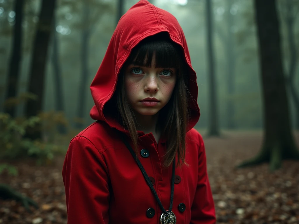 girl in red riding hood in autumn forest