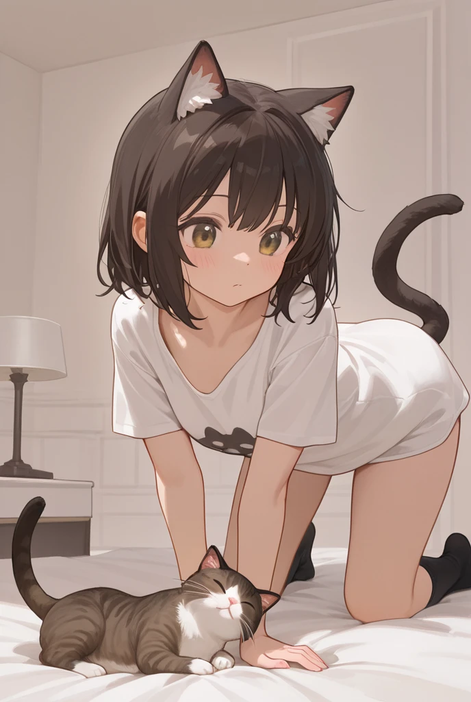 by dsmile9, , by wanke
1girl,
animal ear fluff,animal ears,ass,bed,bed sheet,black hair,black legwear,blush,brown eyes,cat ears,crossed arms,dog ears,dog tail,looking at viewer,mole,on bed, shirt,short hair,smile,solo,tail,thighhighs,
beautiful, aesthetic, detailed, beautiful color
amazing quality, best quality, high quality