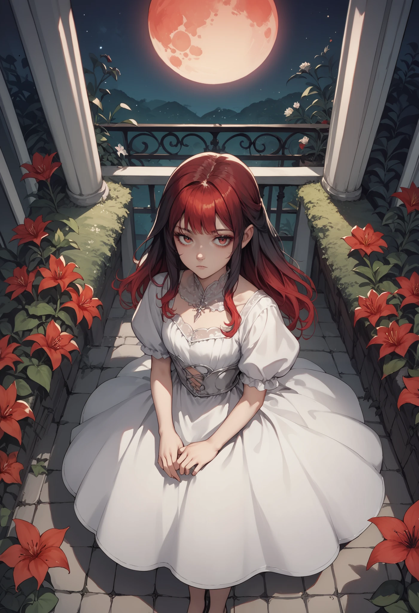 score_9, score_8_up, score_7_up, source_anime, from above, gradient hair, black hair, red hair, silver dress, night, spider lily garden, moon, expressionless