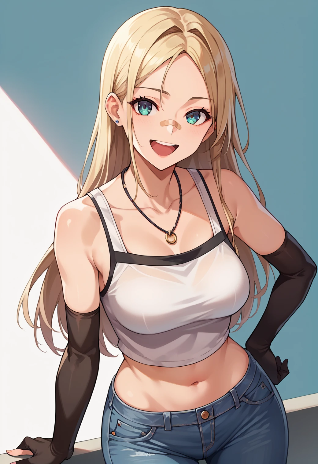 A blonde female character with long hair and bangs over her eyes, smiling with a flushed face. She has red-tinted eyes and wears a black choker, gold bracelets, gold earrings, and a necklace. The character is dressed in a tight white tank top that emphasizes her bust, which has a beauty mark on it, and she wears blue denim shorts with a small accessory tucked in.