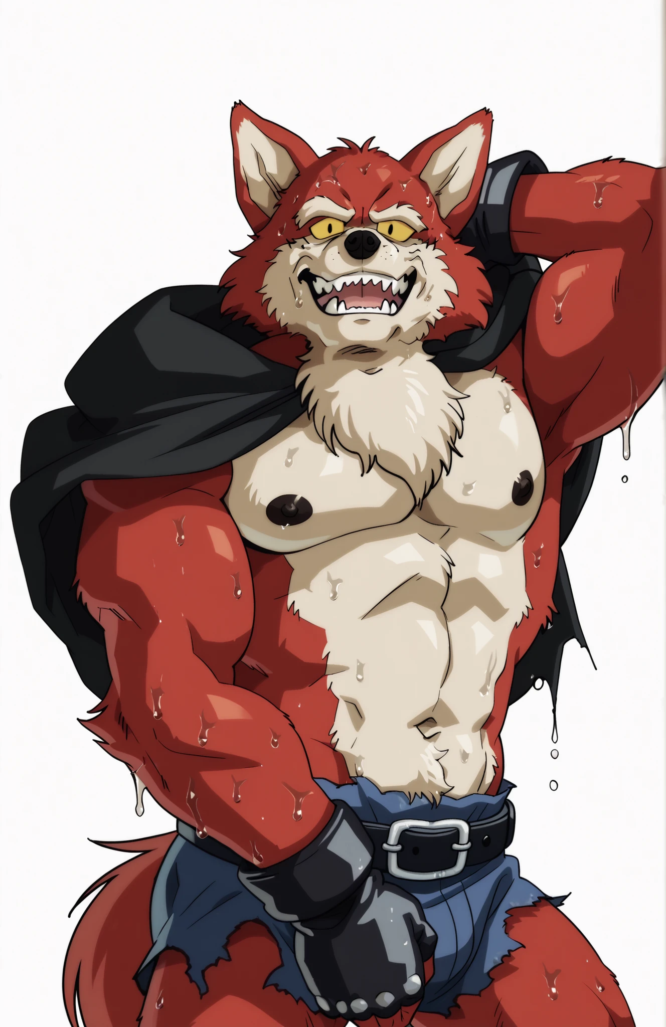 BasilDBS, yellow sclera, red body, red fur, wolf, tail, black scarf muffler, black gloves, black nose, wolf ears, sharp teeth, fangs, furry, anthro, masculine, tough face, detailed face, very muscular, heavyweight, athletic body, (ripped:1), topless, wet fur, ((sweaty body)), above tighs, solo, looking at viewer, exhausted, in pain, flexing, (flat color, wfa style, soraawolf style), (white background)