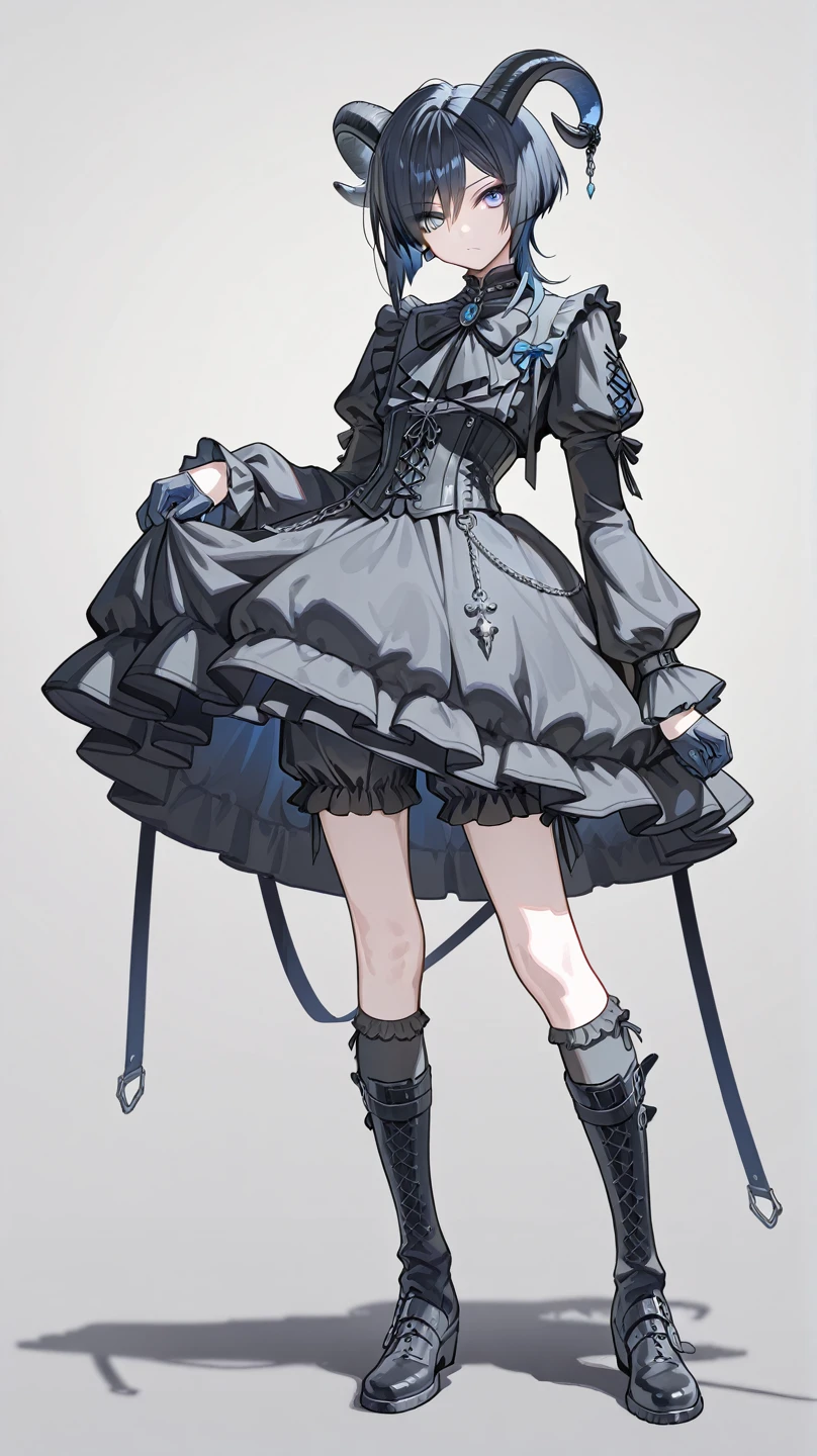 Full body, Male focus,Best Quality, Masterpiece, adult male, (8K, Best Quality, Masterpiece:1.2), Ultra Highres, Intricate Details, Gothic, 1boy, (beautiful face:1.2), frilled shirt, (bloomers:1.2), corset, knee high boots, bondages, simple background, bob hair, puffed sleeves, solo, black shirt, mullet hair, punk, Prince, androgynous, Gothic, blue eyes, goat horns, jumpsuits, black hair with blue hair tip highlight, half palm gloves, heeled dress shoes, knee socks, Sock Garters