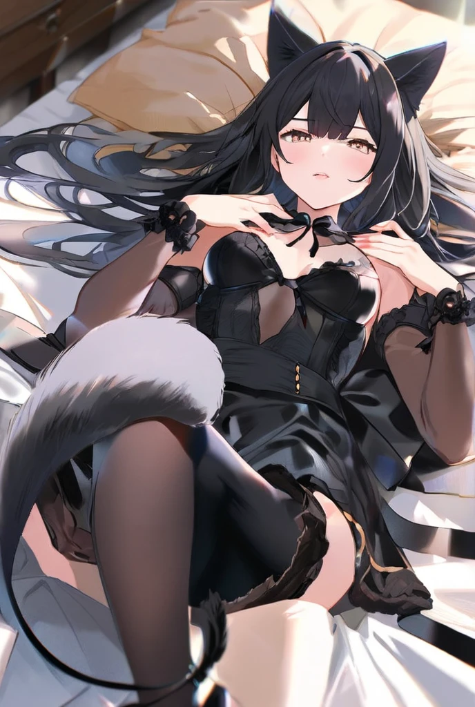 1boy, toned, sharp wolf ears, wolf tail, black messy hair, golden eyes, HD, masterpiece, vibrant, black boots, dead expression, thigh highs, booty thong, bulge crop top