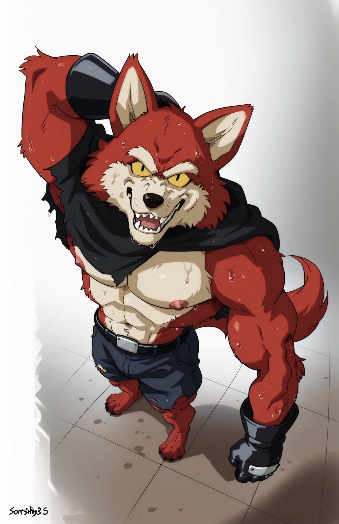 BasilDBS, yellow sclera, red body, red fur, wolf, tail, black scarf muffler, black gloves, black nose, wolf ears, sharp teeth, fangs, furry, anthro, masculine, tough face, detailed face, very muscular, heavyweight, athletic body, (ripped:1), topless, wet fur, ((sweaty body)), above tighs, solo, looking at viewer, exhausted, flexing, (flat color, wfa style, soraawolf style), (white background)