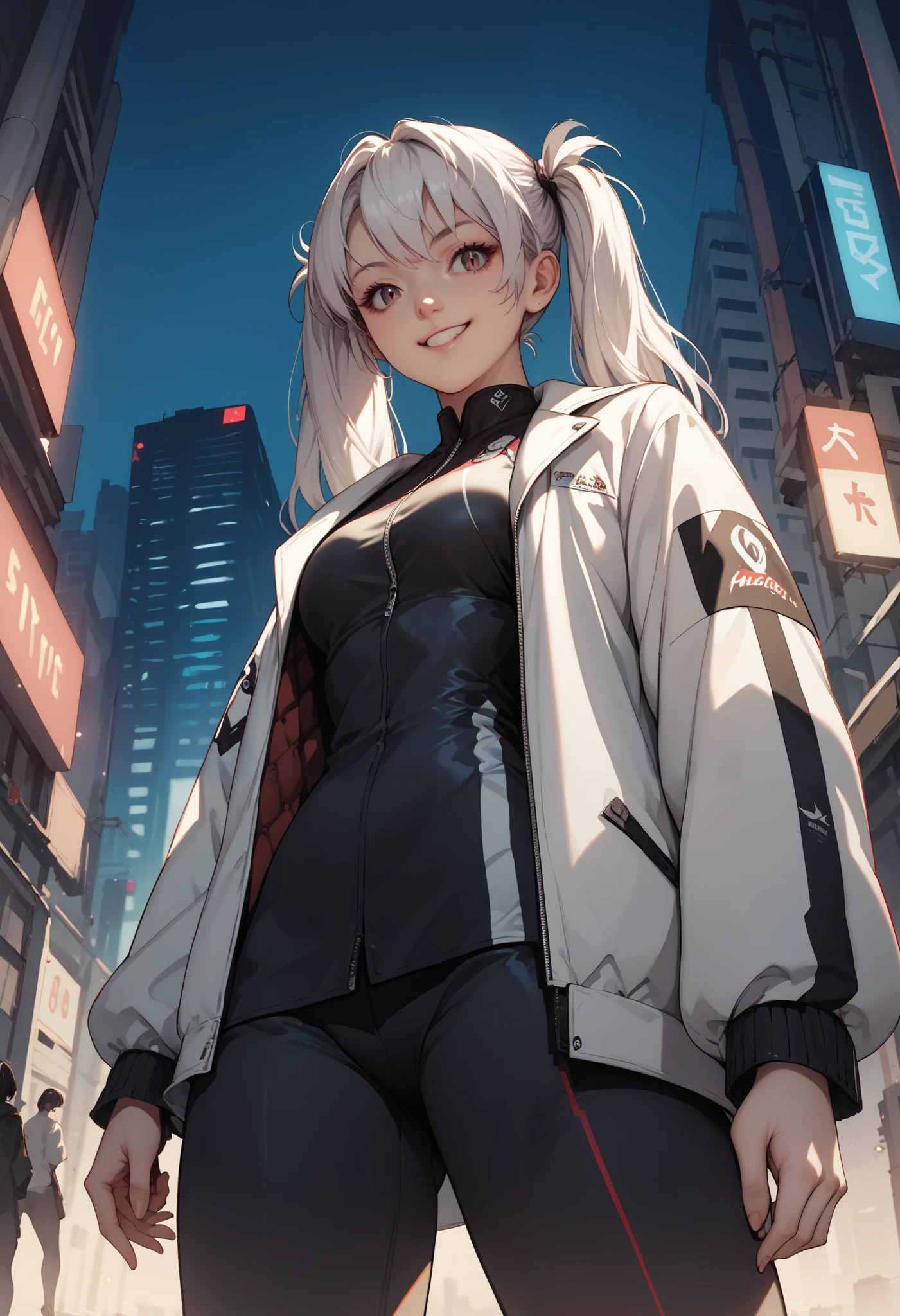 score_9, score_8_up, score_7_up, source_anime, from below, slit hair, black hair, white hair, twintails, open jacket, street, modern clothes, smile, medium breasts, cowboy shot