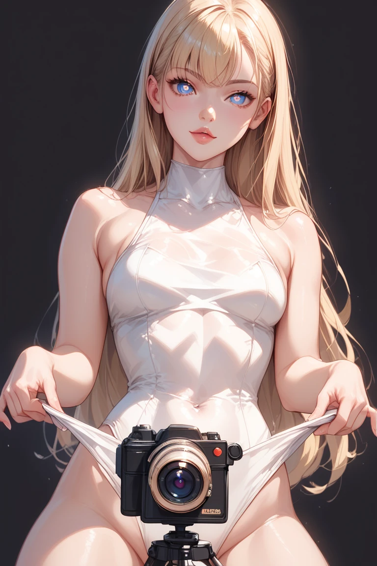 Close-up of a person taking a photo of a person in a bikini, Cute Panties, Realistic Bikini, Enchanting anime girl, Ahegao, Naughty style, Smooth white tight clothing suit, Cute Bikini, Inspired by anime, thick, Anime atmosphere, Ahegao face, Futuristic White Space Bikini, Naughty, Anime Barbie in White Stockings
