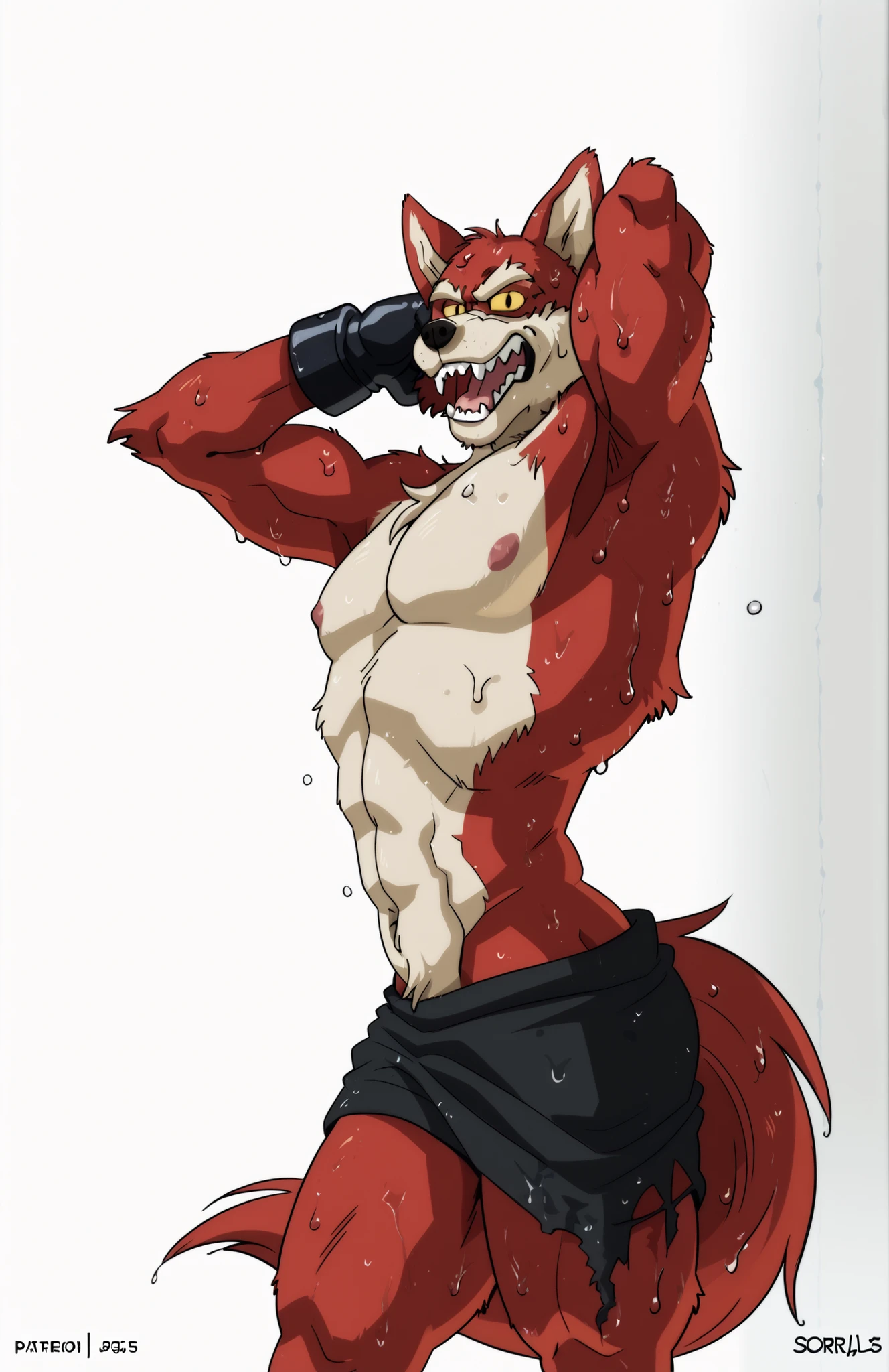 BasilDBS, yellow sclera, red body, red fur, wolf, tail, black scarf muffler, black gloves, black nose, wolf ears, sharp teeth, fangs, furry, anthro, masculine, tough face, detailed face, very muscular, heavyweight, athletic body, (ripped:1), topless, wet fur, ((sweaty body)), above tighs, solo, looking at viewer, exhausted, flexing, (flat color, wfa style, soraawolf style), (white background)