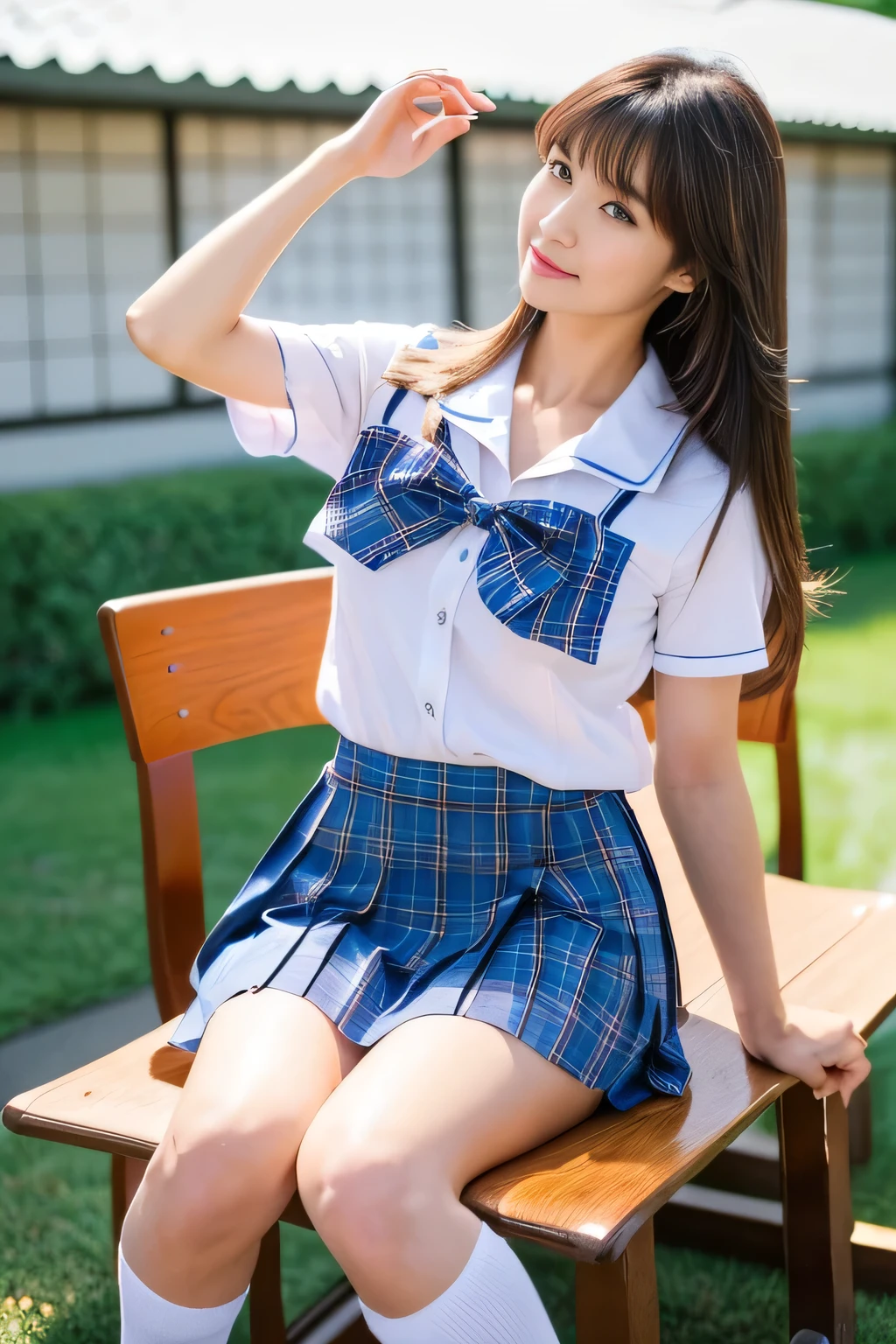 (masterpiece:1.2), super high quality, japanese girl, (super realistic), (super photographic style), 1girl,  (), tits, (collared shirt), (bow tie), (skirt), (short sleeves), smiling, socks, beautiful legs line, like a model style, grass, (kneeling), 